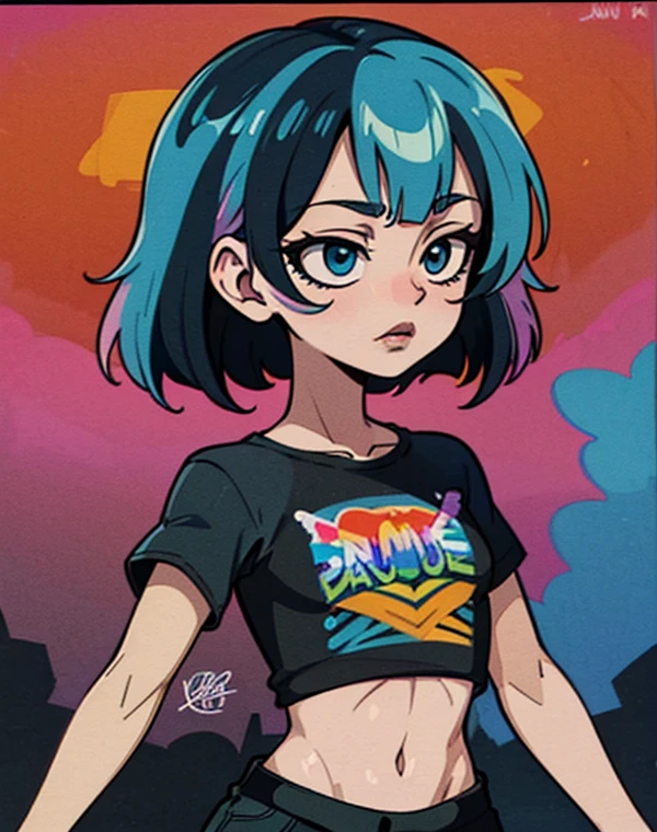 (rainbow color background:1.45),(a girl,solo,cowboy shot,dark rainbow color skin,rainbow color body painting,crop top Casual strap T-shirt:1.45),(1/2 official art,2/3 graffiti art,street style fashion,P/3 Stamping Art Signature,English logo,English text,silhouette:1.35),Spray painting art,color inks,splash inks,Some rusty Retrofuturism,cowboy shot,multicolored outline,iridescent,Rainbow Gradient,colorful, Color paint graffiti,