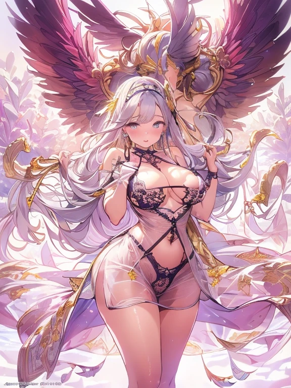 Women with big breasts, Exposing shoulders, Blonde, colored feather, metal ornaments, colored Flowers, particle, Light, (masterpiece, high quality,最high quality, Official Art, beautiful and aesthetic:1.2), (1 girl:1.3), Very detailed,(Fractal Art:1.1),(colorful:1.1)(Flowers:1.3),Most detailed,(Tangled:1.2), (Dynamic pose), (Abstract background:1.3), (Shiny skin), (Many colors :1.4), ,(Earrings:1.4), (feather:1.4),masterpiece, high quality, Very detailed, 30~40 years, Full Body Shot, Mature Woman, beautiful Mature Woman, Nightgowns and underwear, Captivating smile, Thick lips, Plump lips, blush, Looking at the audience, Provocative expression, Cleavage, Plump、Curvy Hips、Attractive face、Mischievous face、Sexy Lingerie　、An inviting gaze、Expressing emotions、Obscene underwear、Erotic see-through lingerie set、Standing position、Gorgeous AccessoriesVarious Hairstyles，Gold headband，Ample breasts，Uneven buttocks，Greek clothing，Tulle covers the chest，Perfect balance, Detailed clothing details,Temple，marble，Statue of God，cinematic Lighting, Film Grain, Fuji Color, contrast of Light and dark, 8k, masterpiece, Very detailed, Attention to detail, high quality, High resolution, masterpiece, 最high quality, Very detailed, 30~40 years, Full Body Shot, Mature Woman, beautiful ,Mature Woman, Nightgowns and underwear, Captivating smile, Thick lips, Plump lips, blush, Looking at the audience, Provocative expression, Hairstyles, Cleavage, Plump、Curvy Hips、Attractive face、Mischievous face、Sexy Lingerie　、An inviting gaze、Expressing emotions、Obscene underwear、(((Erotic see-through lingerie set)))、Standing position、Gorgeous Accessories、Lift your butt, From below, (((Browsing Caution: 1.4)))、Exposed breasts、Breathless face、Openwork decoration，(((Correct body with masturbation through a see-through dress))) masterpiece, 最high quality, Very detailed, 30~40 years, Full Body Shot, Mature Woman, beautiful Mature Woman, Nightgowns and underwear, Captivating smile, Thick lips, Plump lips, blush