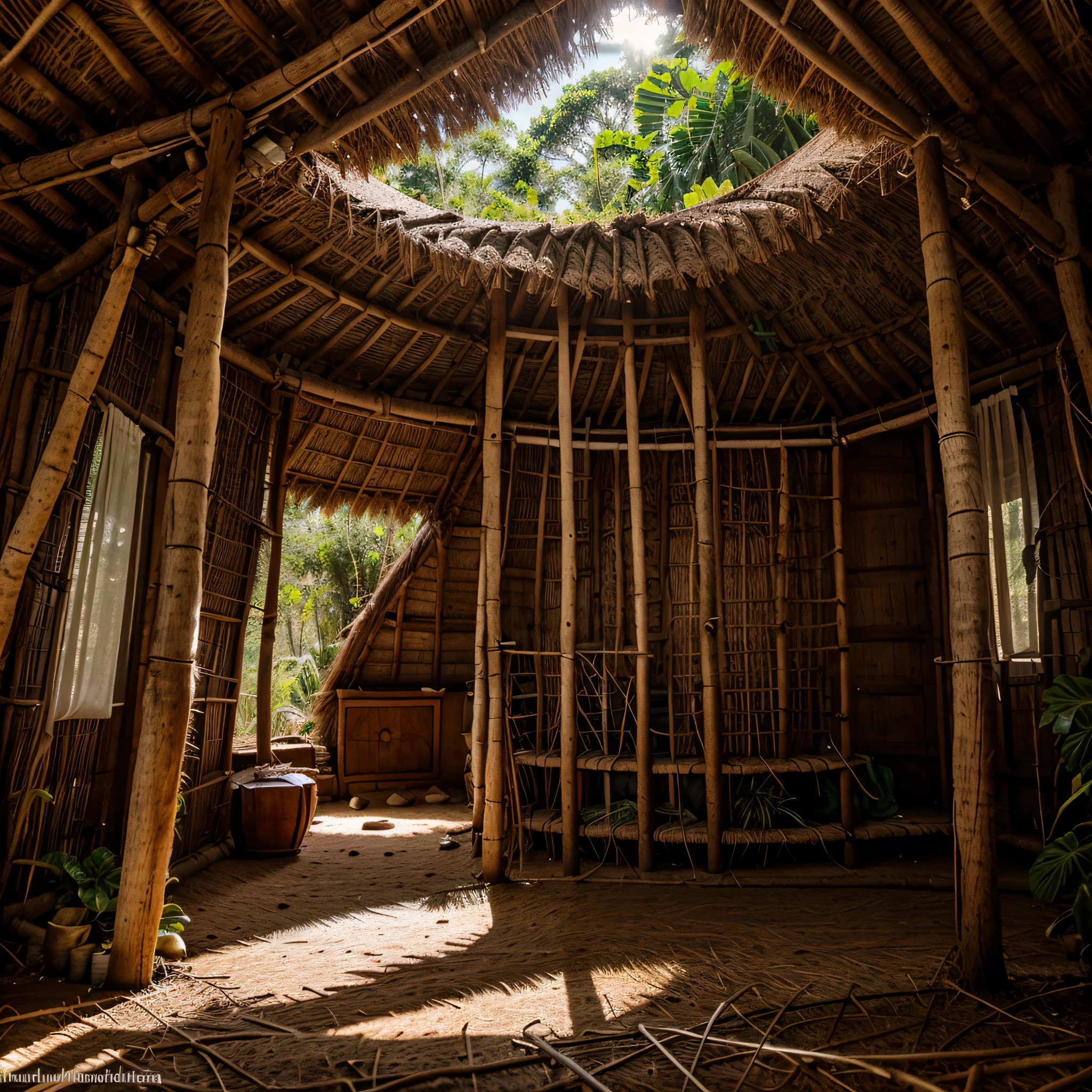 Maloca indigenous Amazon jungle very simple, sin presencia humana, focusing on the interior of the circular structure with thatched roof and dry earth floor. Illuminated by natural light that filters through the entrance at the back in the center. Environment jungle indigenous housing Amazon Brazil.