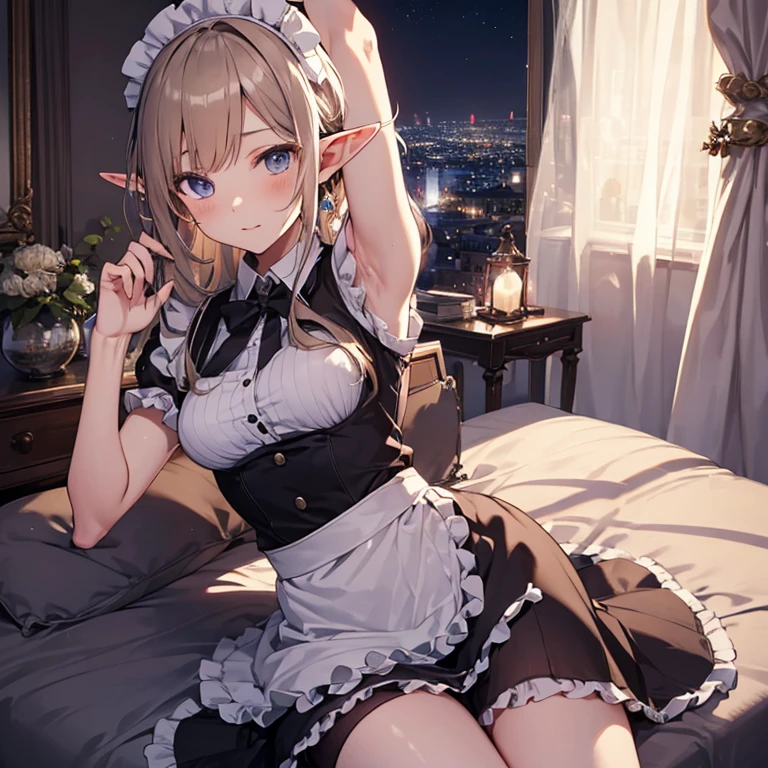 A maids, (in bedroom), various hair styles, night, details face, short skirt, seducing, sleeveless, maid uniform, armpits, elf