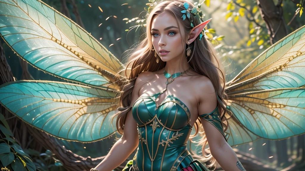 Beautiful faerie woman, elf ear, flying, centered holographic dragonfly wings, glowing blue eyes, detailed proportional hand, proportional body, firm breast, silk tutu, frank Frazzetta painting style, (Best Quality:1.4), (Ultra-detailed), (extremely detailed CG unified 8k wallpaper), Highly detailed, RAW Photos, Professional Photography, plein air, Illumination, (Super fancy photos:1.4), (Dazzling light), Radiant Photography, depth of fields