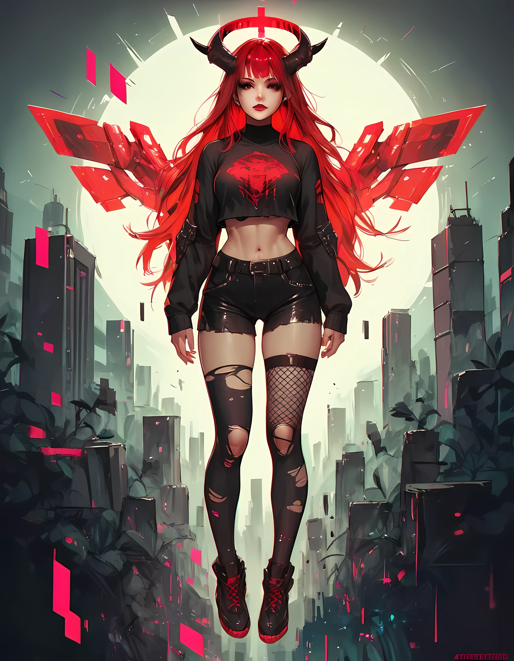 score_9. score_8_up, score_7_up, score_6_up, score_5_up, score_4_up, 1girl, red hair, curvy, gothic, g0th1cPXL, glowing, full body, city, neon, fishnets, cyberwings, (glitch:1.2), torn clothes, horns, halo, 