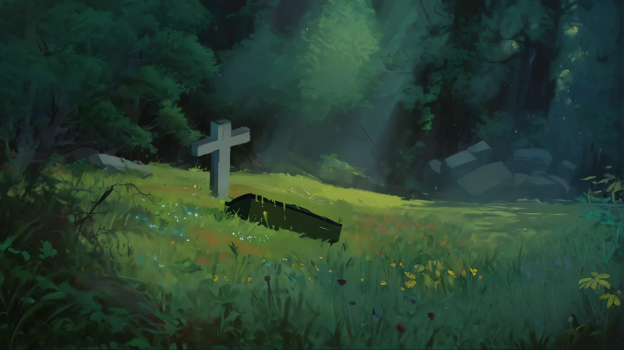 a hole for a coffin in the middle of a clearing in a dense dark forest and next to it an old broken cross, modelshoot style, (extremely detailed CG unity 8k wallpaper), photo beautiful artwork in the world, professional majestic oil painting, Atey Ghailan, Studio Ghibli, Jeremy Mann, Greg Manchess, Antonio Moro, trending on ArtStation, trending on CGSociety, trending on DevianAtr, Intricate, High Detail, Sharp focus, dramatic, friendly and warm mood, welcoming, extremely detailed painting, by greg rutkowski and by henry justice ford and by steve henderson, trending on artstation, by rhads, andreas rocha, rossdraws, makoto shinkai, laurie greasley, lois van baarle, ilya kuvshinov and greg rutkowski