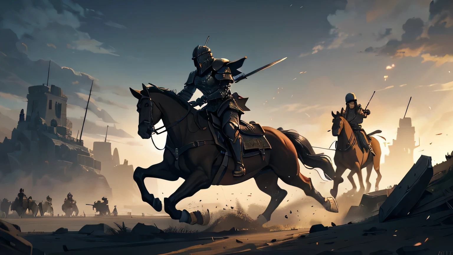 Medieval battle scene with cavalry and infantry. Silhouettes of figures as separate objects, fighting between warriors on a misty sunset background