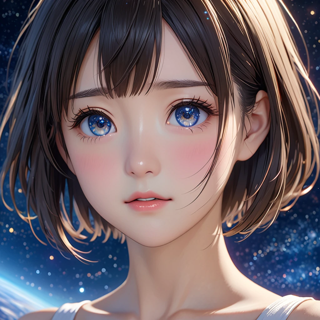 National Science Foundation,masterpiece,High resolution,8K,Art,digit,Three-dimensional,Realism,Kyoto Animation Style,your name movie style,cute,Facing the camera,universe,Milky Way,Planet,(1 female: 1.3),(alone: 1.4),Upper body nudity,Long eyelashes,Long thin legs,Short Bob,Close-up of upper body,Close-up,close view,Starry Sky,Starry Sky般深邃的眼睛,Blushed,shy,shy,open mouth,sad