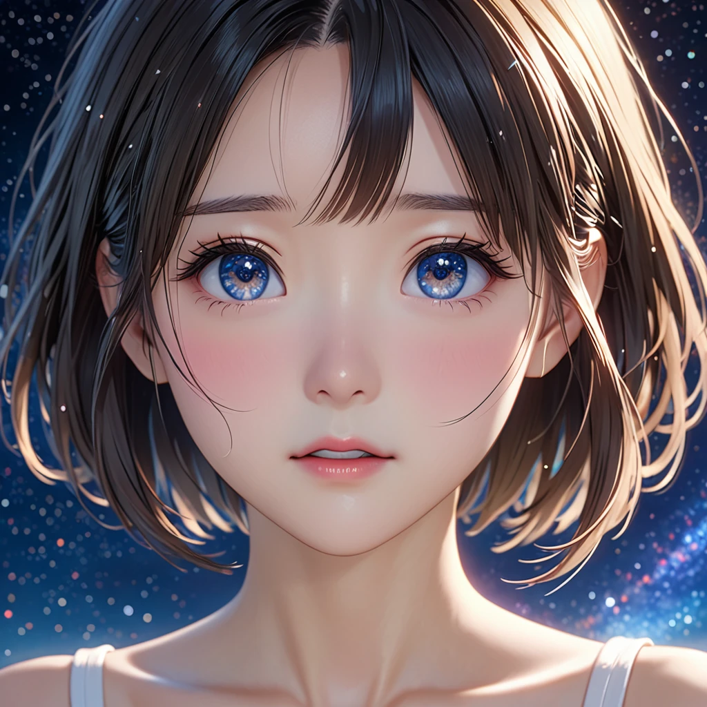 National Science Foundation,masterpiece,High resolution,8K,Art,digit,Three-dimensional,Realism,Kyoto Animation Style,your name movie style,cute,Facing the camera,universe,Milky Way,Planet,(1 female: 1.3),(alone: 1.4),Upper body nudity,Long eyelashes,Long thin legs,Short Bob,Close-up of upper body,Close-up,close view,Starry Sky,Starry Sky般深邃的眼睛,Blushed,shy,shy,open mouth,sad