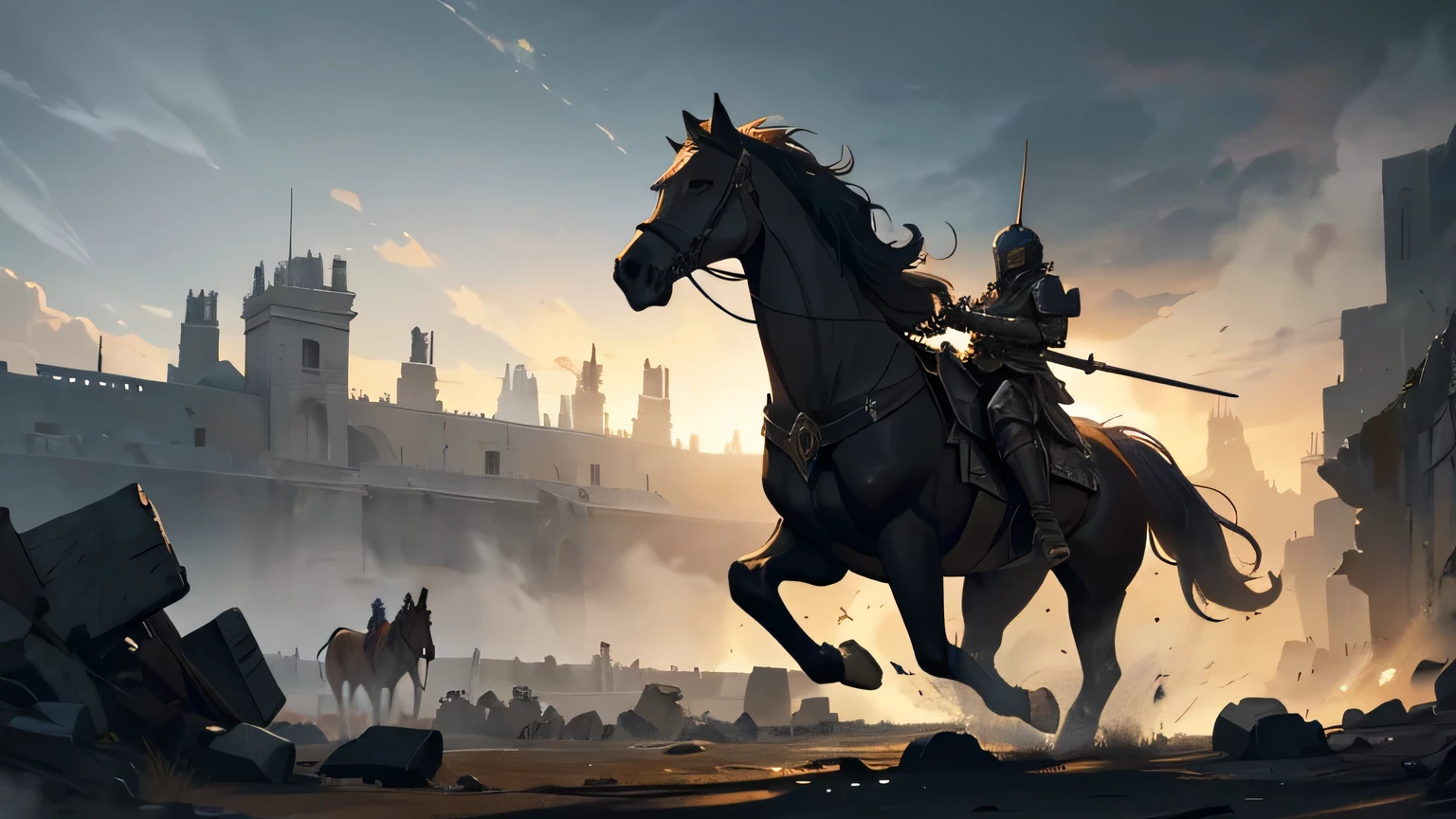a vast ancient battlefield in the 1st century AD, heavily armored soldiers clashing with swords and spears, smoke and debris filling the air, wounded soldiers on the ground, horses galloping through the chaos, detailed realistic digital painting, epic scale, dramatic lighting, cinematic composition, muted color palette, moody and gritty atmosphere
