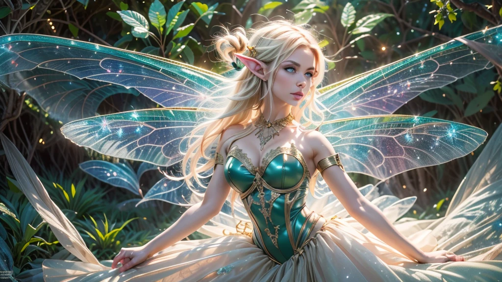 Beautiful faerie woman, elf ear, flying, centered holographic dragonfly wings, glowing blue eyes, detailed proportional hand, proportional body, firm breast, silk tutu, frank Frazzetta painting style, (Best Quality:1.4), (Ultra-detailed), (extremely detailed CG unified 8k wallpaper), Highly detailed, RAW Photos, Professional Photography, plein air, Illumination, (Super fancy photos:1.4), (Dazzling light), Radiant Photography, depth of fields