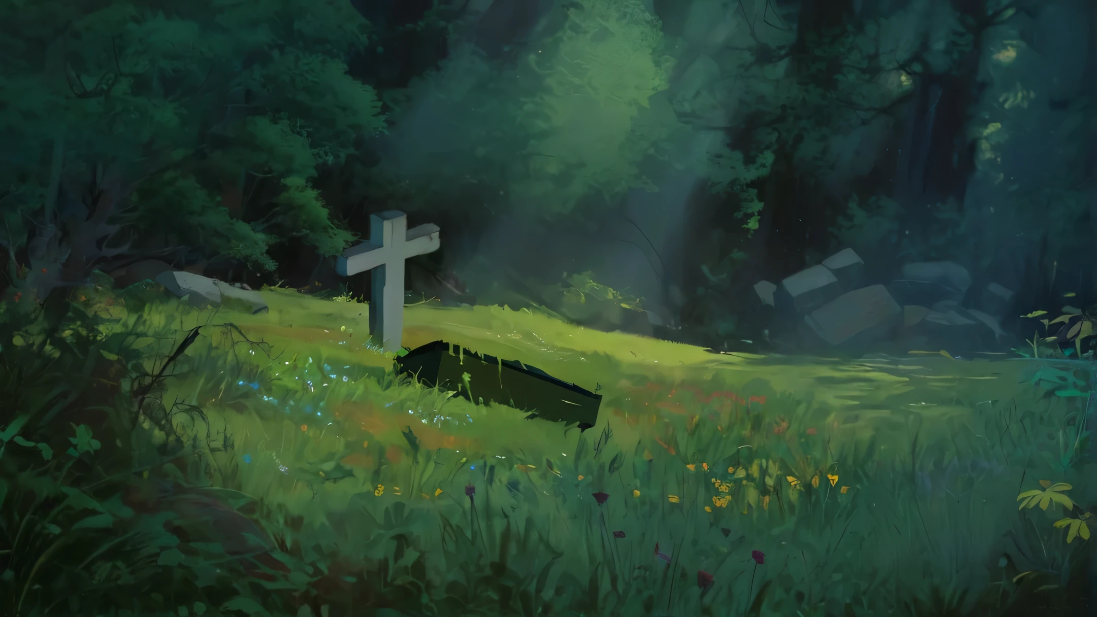 a hole for a coffin in the middle of a clearing in a dense dark forest and next to it an old broken cross, modelshoot style, (extremely detailed CG unity 8k wallpaper), photo beautiful artwork in the world, professional majestic oil painting, Atey Ghailan, Studio Ghibli, Jeremy Mann, Greg Manchess, Antonio Moro, trending on ArtStation, trending on CGSociety, trending on DevianAtr, Intricate, High Detail, Sharp focus, dramatic, friendly and warm mood, welcoming, extremely detailed painting, by greg rutkowski and by henry justice ford and by steve henderson, trending on artstation, by rhads, andreas rocha, rossdraws, makoto shinkai, laurie greasley, lois van baarle, ilya kuvshinov and greg rutkowski