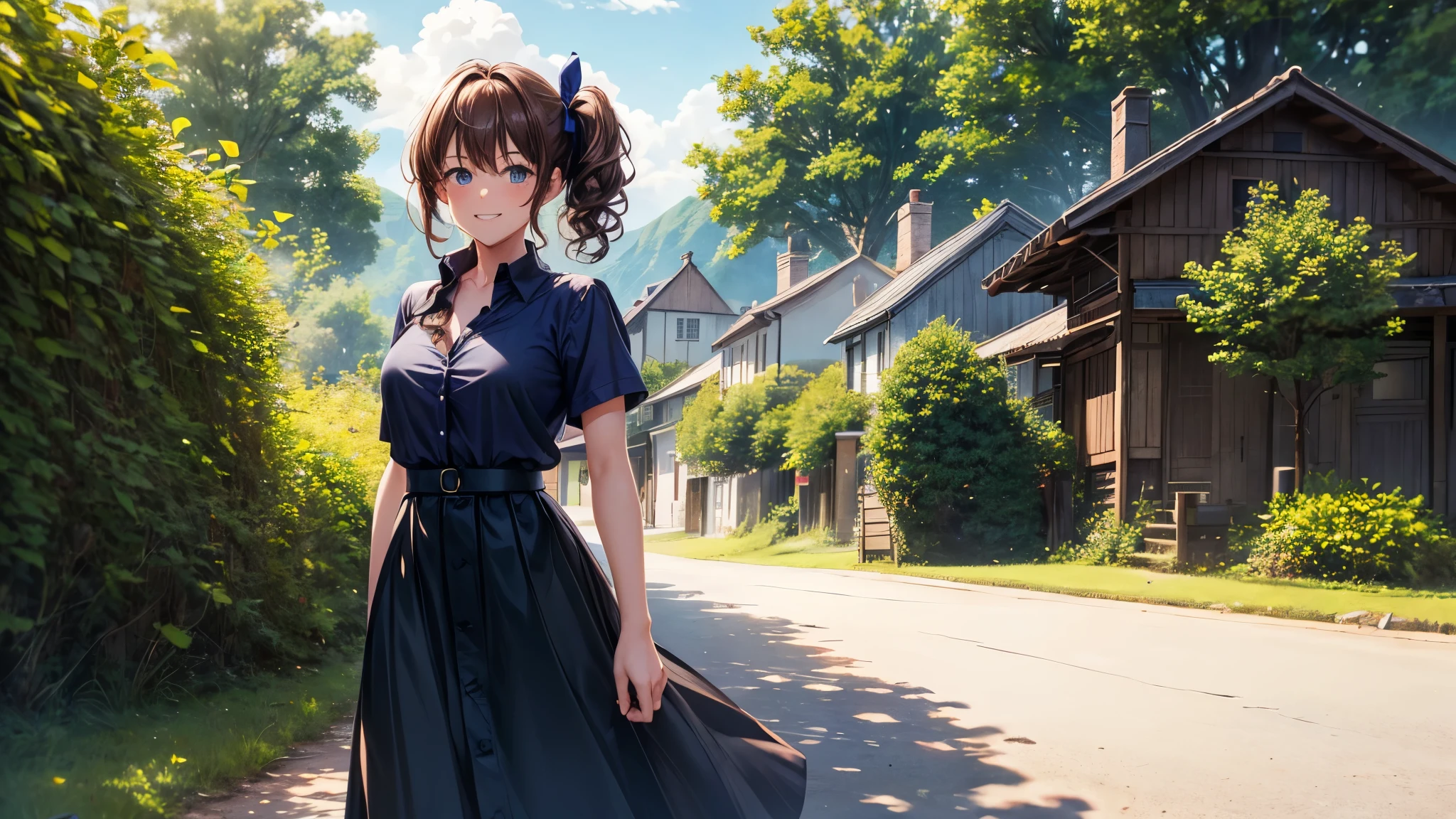 1girl, solo, full body, summer, village, trees, sun, clouds, chestnut hair, curly hair, side ponytail, large breasts, button down, dark blue eyes, ((dark blue shirt)), ((unbuttoned shirt)), ((short sleeved shirt)), black skirt, brown shoes, grin, looking at the viewer, standing, hair ribbon, golden necklate