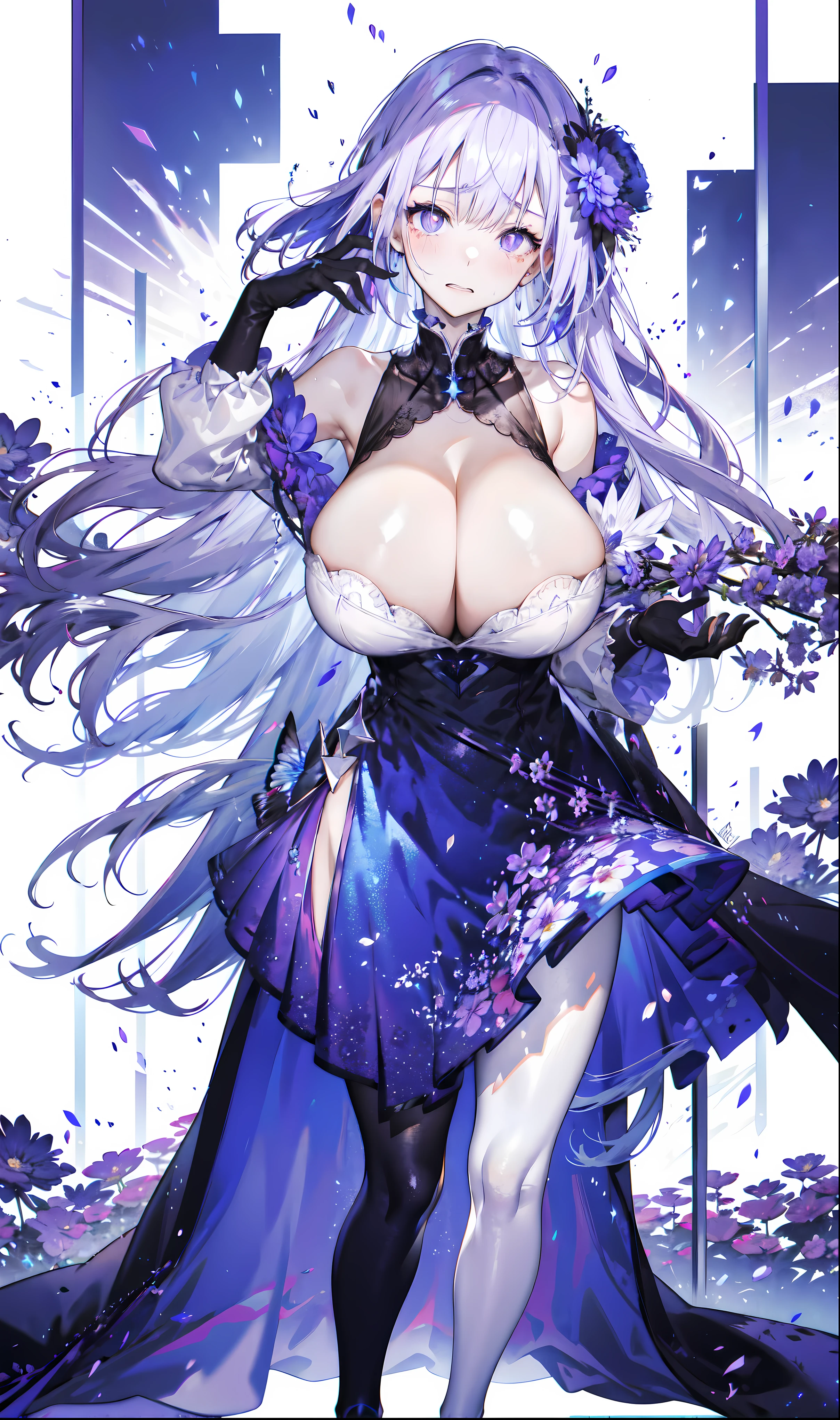 （（masterpiece：1.4，best quality）），（Super detailed），（Extremely detailed eyes），（black leggings，Shiny socks：1.5），Hello Darkness
（Cute girls），15 years old，（Blood-red pupils，Diamond-shaped pupil：1.15），Purple Eyeshadow，（elongated hair，Thick hair，Single ponytail，shiny hair：1.5）（Changes through：1.2），White skin，despair，sad，Empty eyes，tears streaming down my face，tilting its head to the side，
（She wore a blue dress，：1.5），（Black gloves：1.4）Very long plush sleeves，White，White Cloud，Dream bubbles ，Ice and glitter effects
（Black long skirt：1.1），
（dawn：1.2），
（Intense black and white：1.16），（Depth of Field：1.4），，Intricate details，(((Detailed background，full-body shot，Castle in the Sky，Standing by the lake，Purple flowers by the lake)))，(((Huge breasts， breasts，Deep cleavage)))