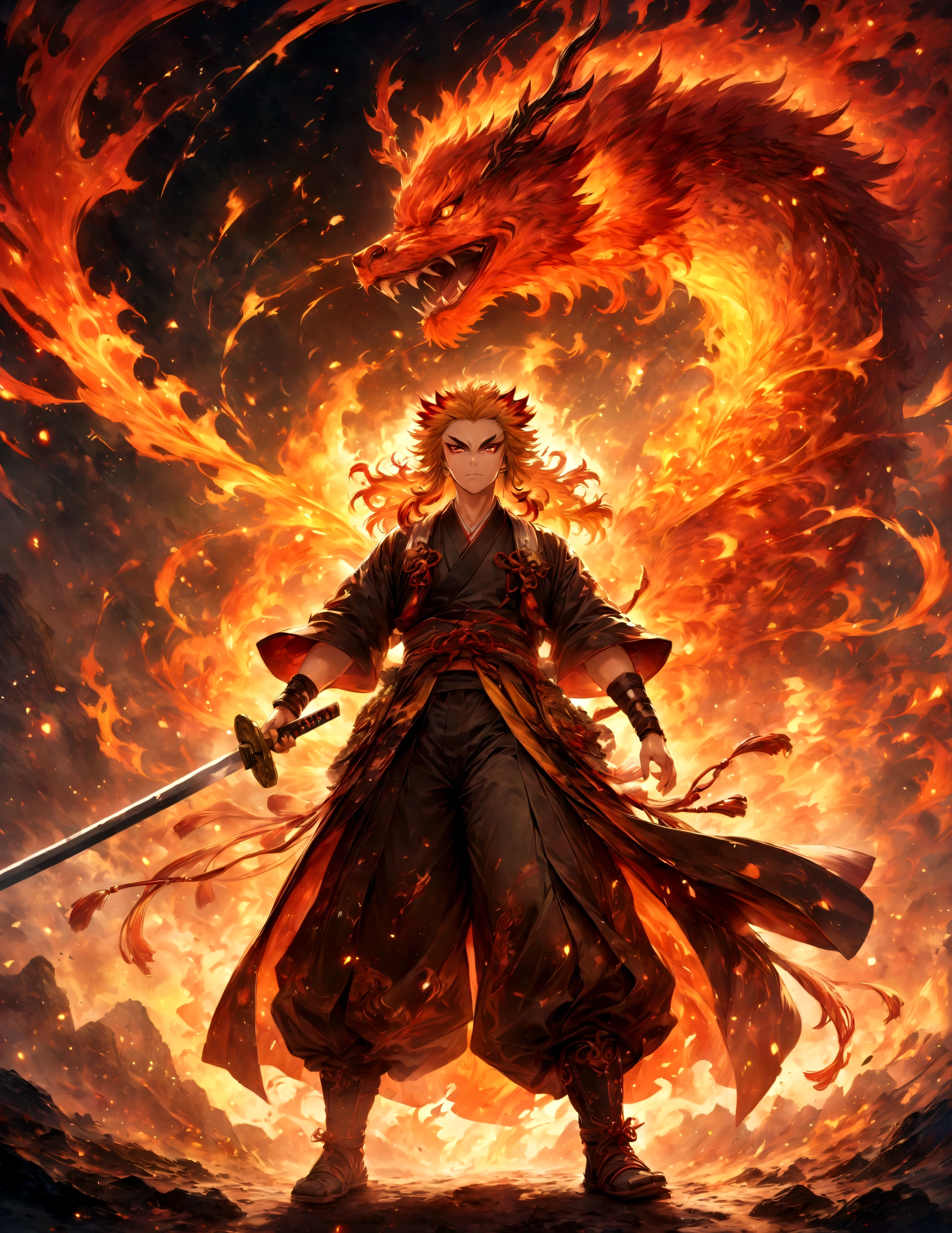 (1 male,Rengoku Kyojuro,Yellow and orange hair),solo,comics『Demon slayer』Characters in,,Battle Style,Fire effect,Staring straight ahead,Coming towards the front,Moderate dirt,Japan have a sword,Digital Art,An illustration,Intricate details,Intricate details,Wide range of colors,artwork,rendering,,(highest quality:1.4),(Very detailed:1.5),High resolution,Very detailed,unity 8k wallpaper,Draw artistic background,Disorganized,Chinese dragon drawn with flames,BREAK,Japanese swords are straight and have a metallic luster.,Please hold the Japanese sword by the handle