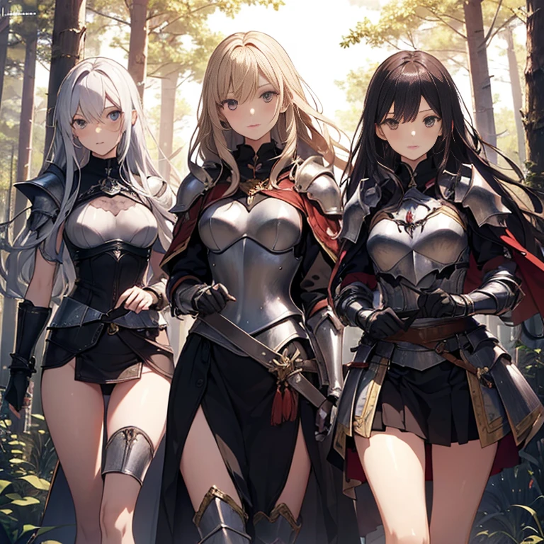 A group of female knight, (in forest), various hair styles, harem, wearing armored clothes, metal armor, night, details face, , short skirt, seducing, sword