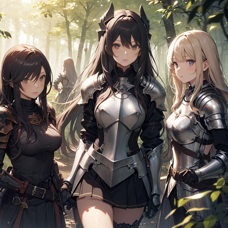 A group of  female knight, (in forest), various hair styles, harem, wearing armored clothes, metal armor, night, details face, , short skirt, seducing, sword 