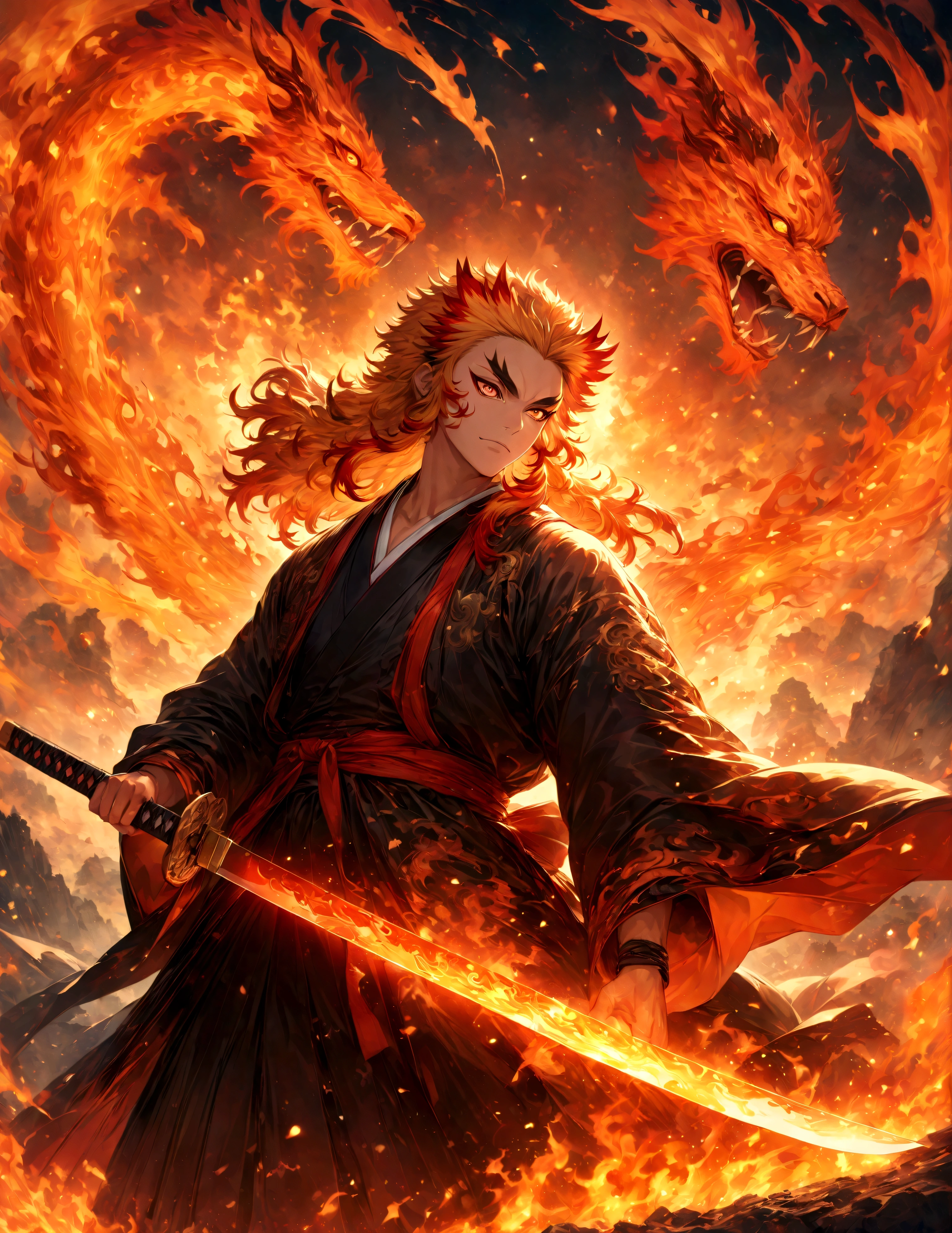 (1 male,Rengoku Kyojuro,Yellow and orange hair),solo,comics『Demon slayer』Characters in,,Battle Style,Fire effect,Staring straight ahead,Coming towards the front,Moderate dirt,Japan have a sword,Digital Art,An illustration,Intricate details,Intricate details,Wide range of colors,artwork,rendering,,(highest quality:1.4),(Very detailed:1.5),High resolution,Very detailed,unity 8k wallpaper,Draw artistic background,Chinese dragon drawn with flames,BREAK,Japanese swords are straight and have a metallic luster.,Please hold the Japanese sword by the handle