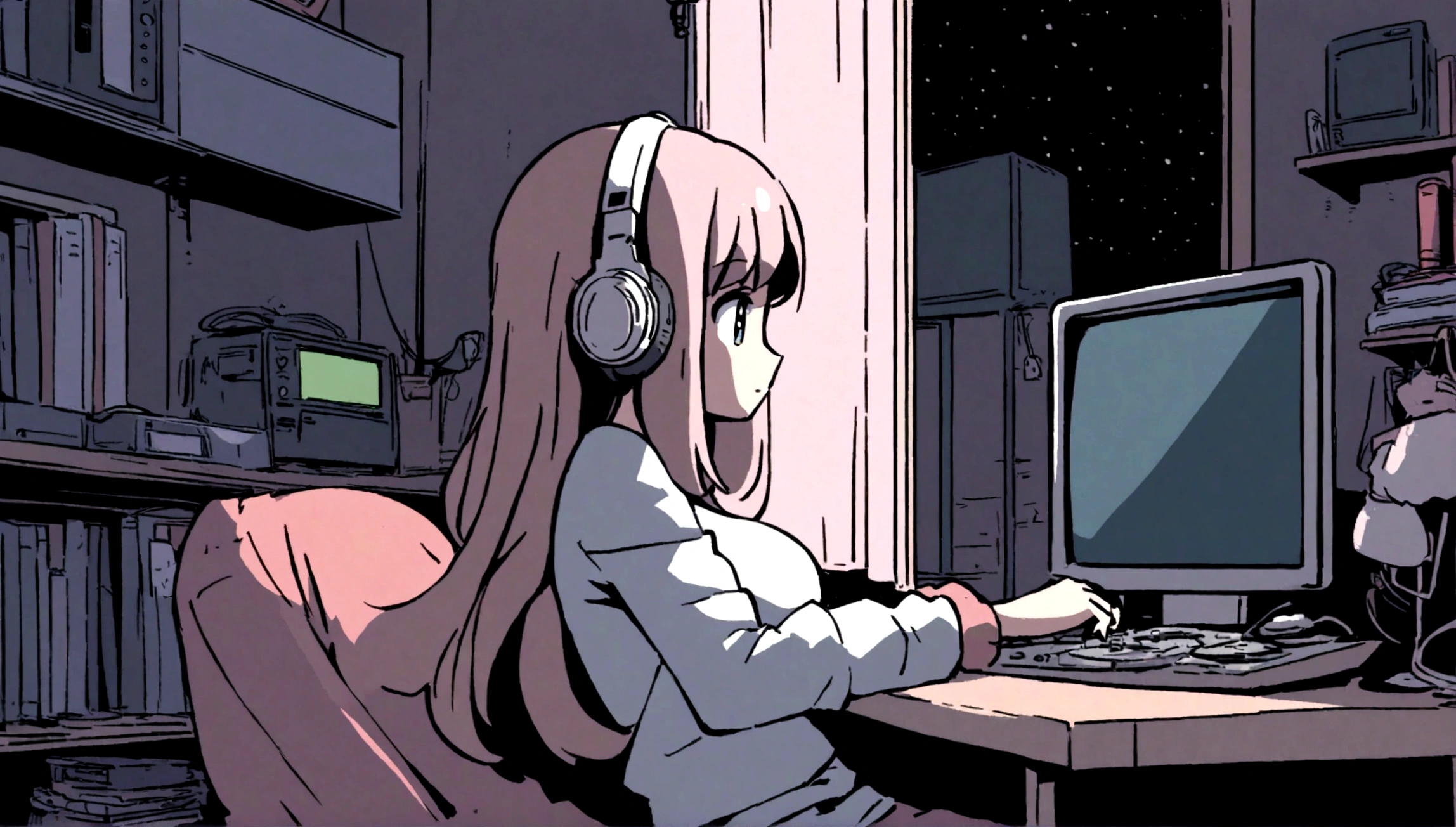Girl listening to music in cozy room at night, Use headphones, 2D style anime, lo fi, hard disk, dark environment.A cute girl is in her room, not turning on the lights, with her large breasts resting on the desk while she fiddles with her computer.