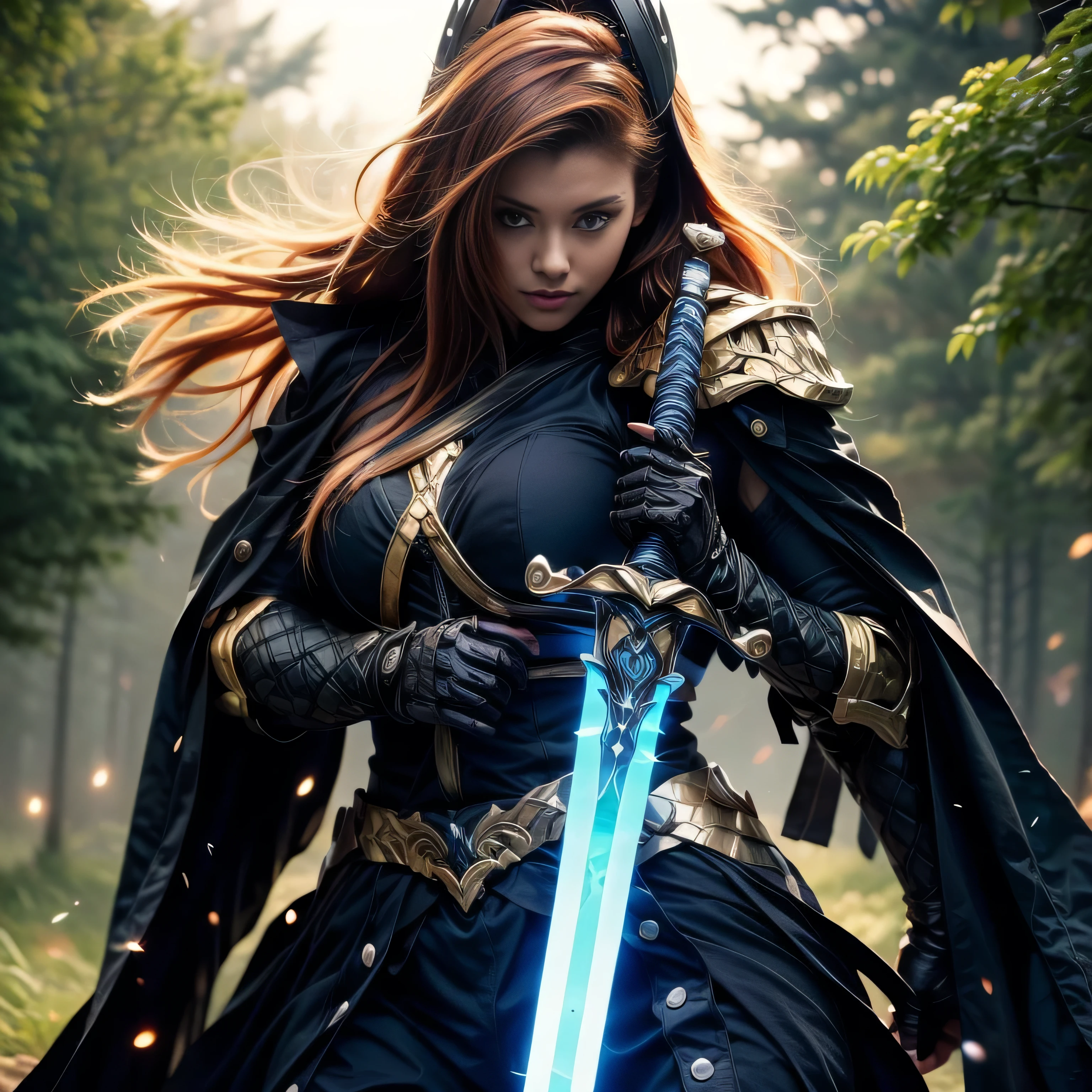 photorealistic, masterpiece, photorealistic, high resolution, soft light, hips up, arm up, blue eyes, ginger hair, long hair, Intricate details EABA, cloaks, Ninja, Armor, warrior, holding sword, glowing sword, sword up, weapon, sharpen sword, samurai helmet, Kushina Uzumaki, Konoha forest, Mist village