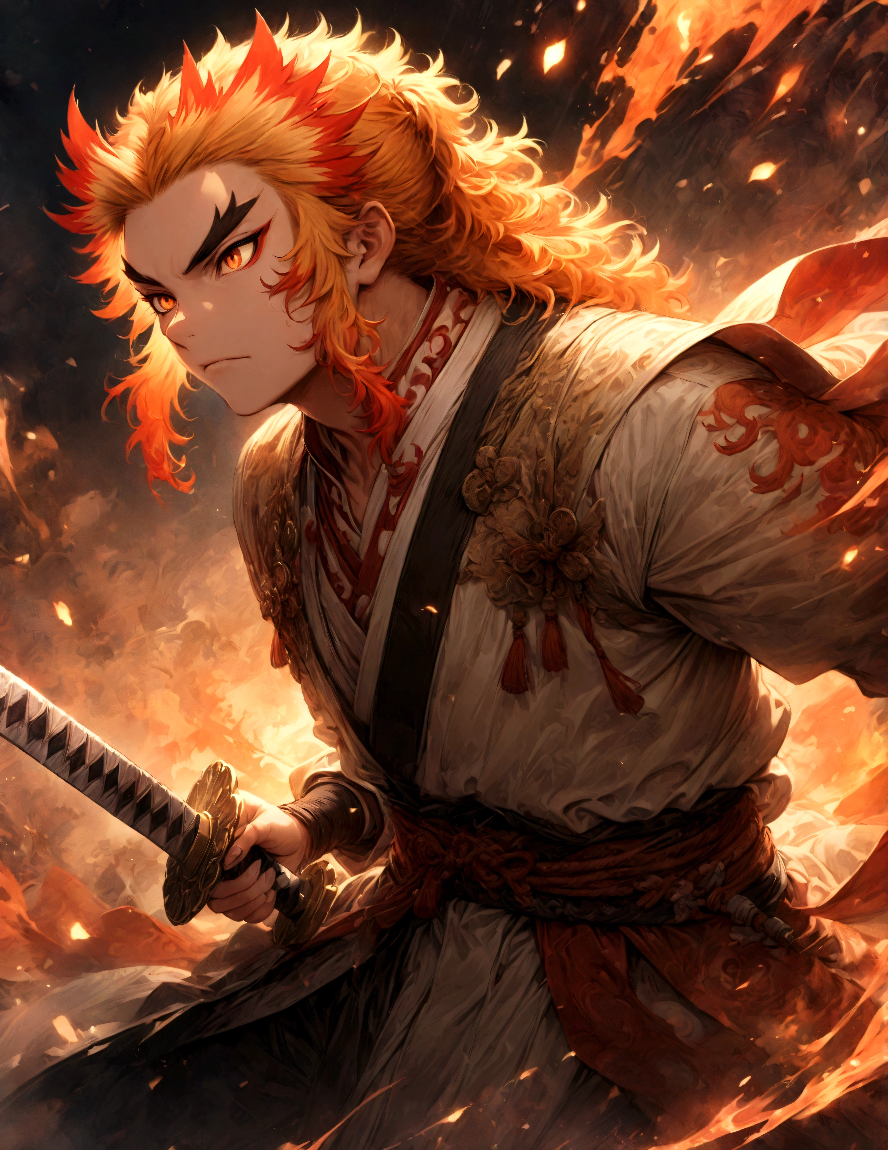 (1 male,Rengoku Kyojuro,Yellow and orange hair),solo,comics『Demon slayer』Characters in,,Battle Style,Inflammation effects,Staring straight ahead,Coming towards the front,Moderate dirt,Japan have a sword,Digital Art,An illustration,Intricate details,Intricate details,Wide range of colors,artwork,rendering,,(highest quality:1.4),(Very detailed:1.5),High resolution,Very detailed,unity 8k wallpaper,Draw artistic background,,inflammation,BREAK,Japanese swords are straight and have a metallic luster.,Please hold the Japanese sword by the handle