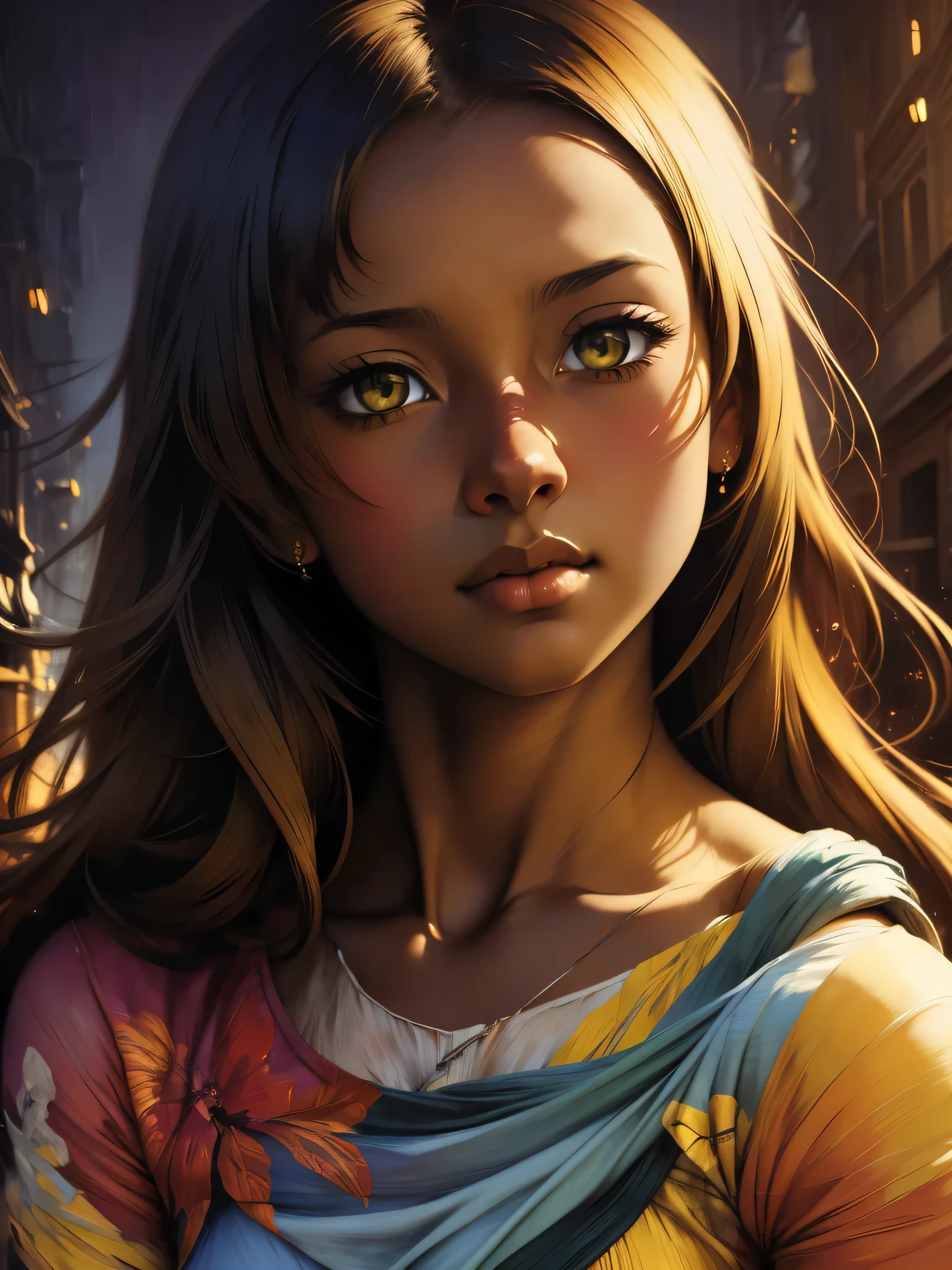 ((Solo Beautiful Carribean woman with dark skin and striking eyes)), shadowed interior background, art by akihiko yoshida, manga art style, colorfield illustration, scary atmosphere, global illumination, by frank frazetta, art by goro fujita, glamor shot, banner, blur, anime key visual, (blue, yellow and gray colors), photorealistic dramatic anime girl, intricately detailed, chiaroscuro, pino daeni, impressionist (best quality, masterpiece)