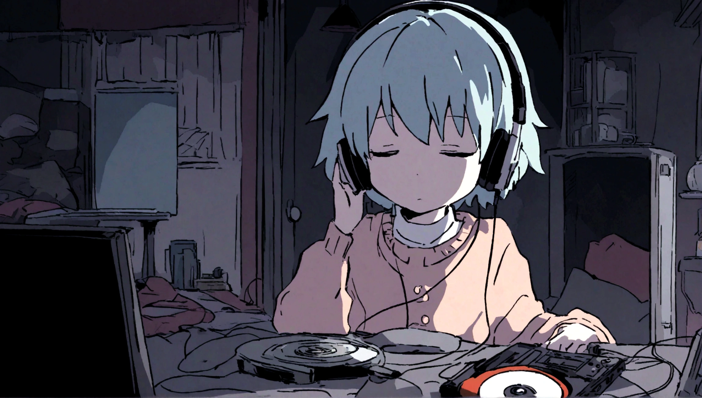 Girl listening to music in cozy room at night, Use headphones, 2D style anime, lo fi, hard disk, dark environment