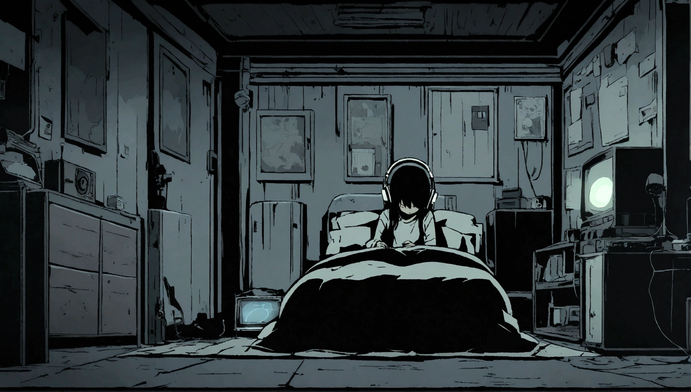 Girl listening to music in cozy room at night, Use headphones, 2D style anime, lo fi, hard disk, dark environment