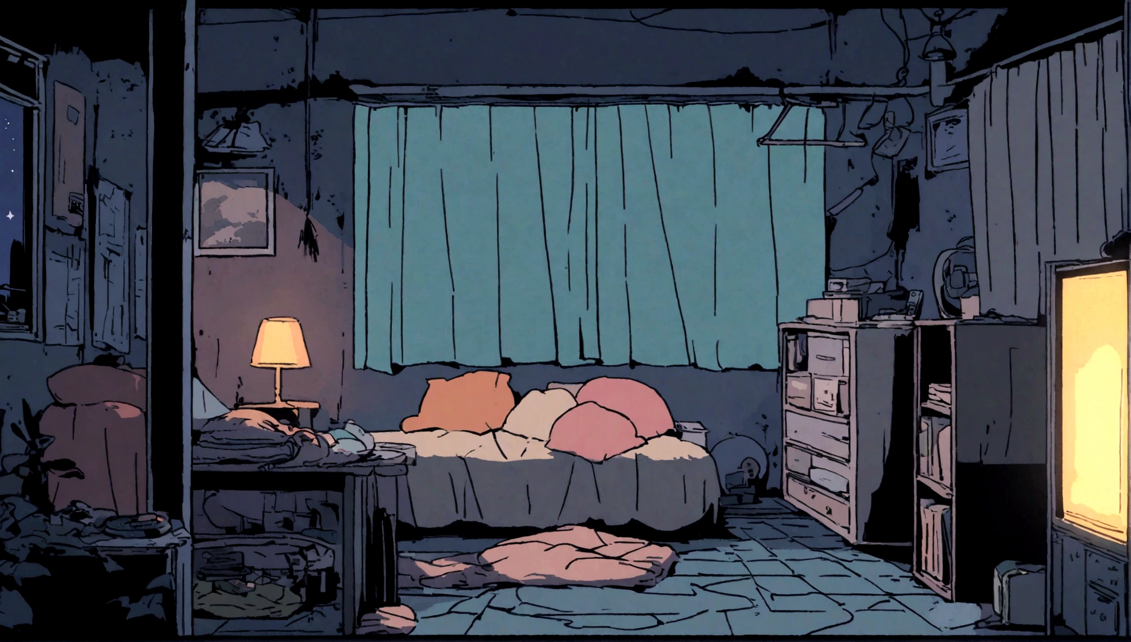 Girl listening to music in cozy room at night, Use headphones, 2D style anime, lo fi, hard disk, dark environment