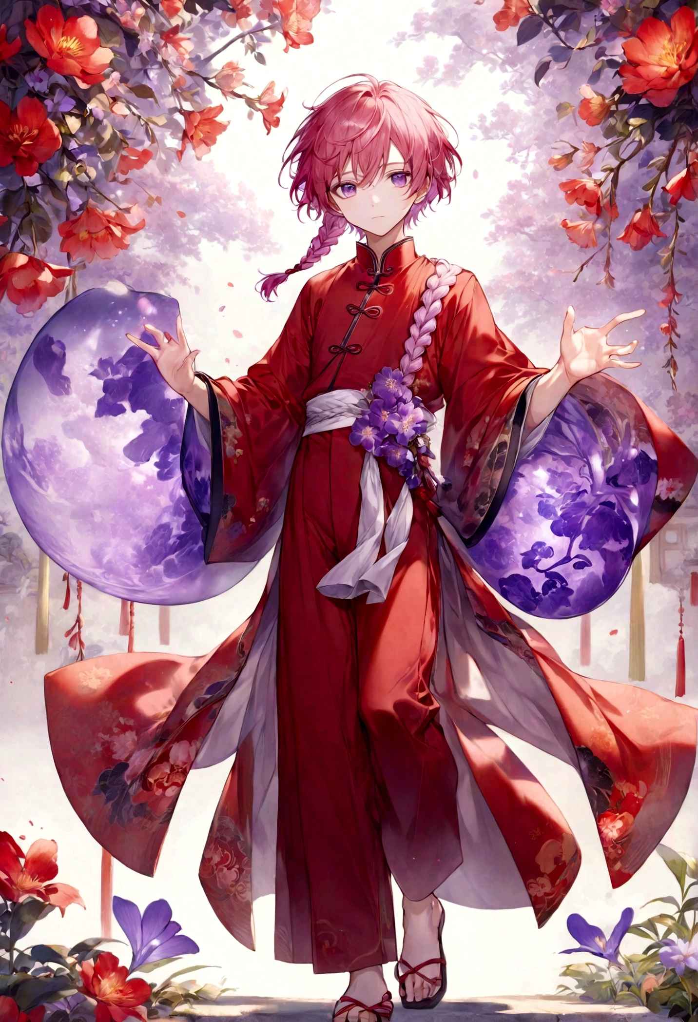 Pink haired cute young ((boy)), Short wavy hair with a side braid, Red Ancient Chinese clothes, Gardener, Floral vibes, pastel colors, soft solo, looking at camera. ((Glowing Vibrant purple eyes)) Hands out of frame ,male ,red clothes (Full Body) (Detailed)]
