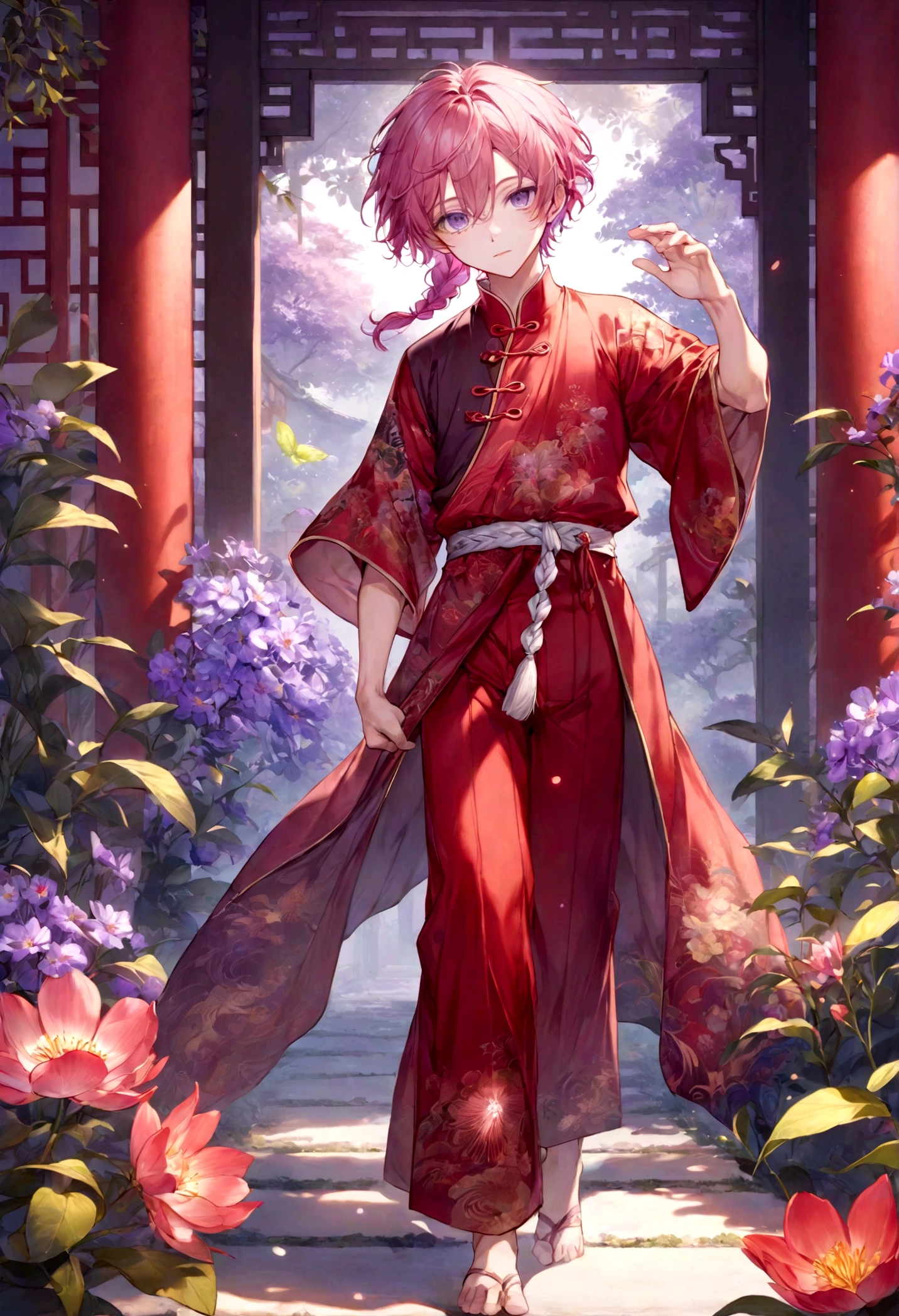 Pink haired cute young ((boy)), Short wavy hair with a side braid, Red Ancient Chinese clothes, Gardener, Floral vibes, pastel colors, soft solo, looking at camera. ((Glowing Vibrant purple eyes)) Hands out of frame ,male ,red clothes (Full Body) (Detailed)]
