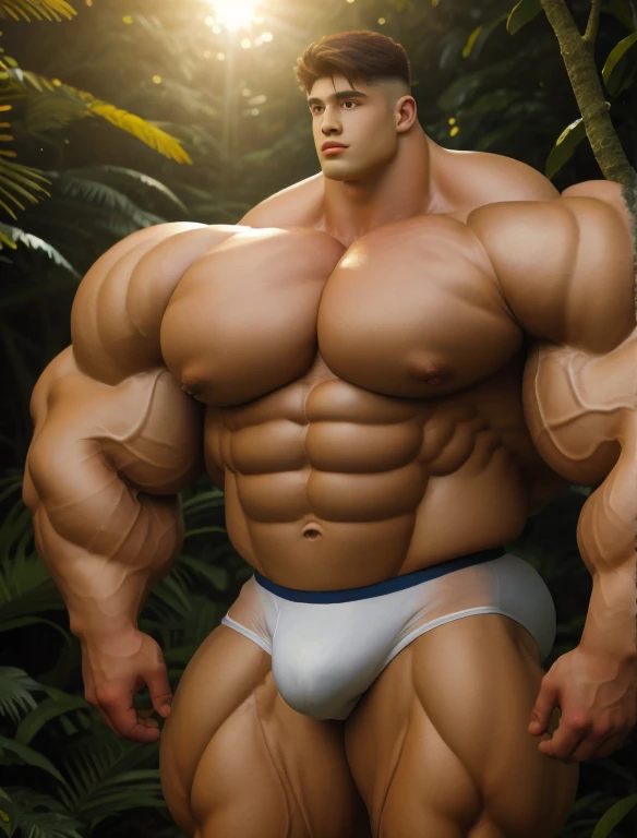 1boy, giant, model shoot style, looking at viewer, standing, illuminating light, golden hour, outdoor, strong body, bulk, large size, standing, in the forest, white triangular underwear, prominent bulge, big, brutalmass, giant, muscular body, bulk, massive body, large meaty body size