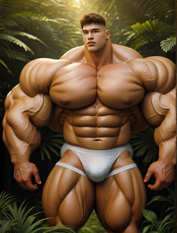 1boy, giant, model shoot style, looking at viewer, standing, illuminating light, golden hour, outdoor, strong body, bulk, large size, standing, in the forest, white triangular underwear, prominent bulge, big, brutalmass, giant, muscular body, bulk, massive body, large meaty body size