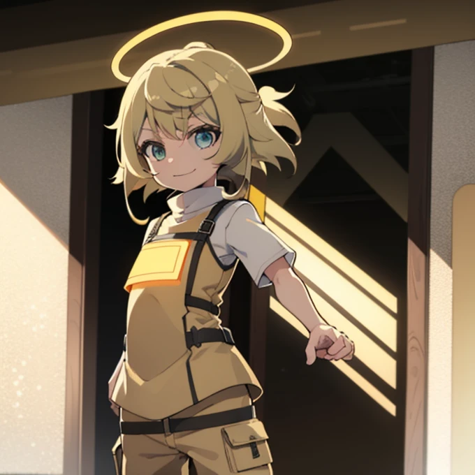 1girl, light brown short messy hair, tan colored tactical helmet, tactical helmet, tactical goggles, tactical railed headset, white formal tshirt, tshirt, light yellow colored tactical vest, beige armor, desert beige colored armor, tan colored pouches, triangular halo, lime colored halo, green triangle shaped halo, smile, happy, beige helmet, desert pants, yellow eyes, beige vest, white tshirt uniform, black tact gloves, tan helmet, teasing, 1person