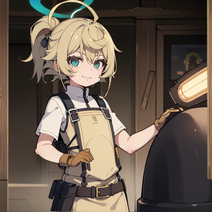 1girl, light brown short messy hair, tan colored tactical helmet, tactical helmet, tactical goggles, tactical railed headset, white formal tshirt, tshirt, light yellow colored tactical vest, beige armor, desert beige colored armor, tan colored pouches, triangular halo, lime colored halo, green triangle shaped halo, smile, happy, beige helmet, desert pants, yellow eyes, beige vest, white tshirt uniform, black tact gloves, tan helmet, teasing, 1person