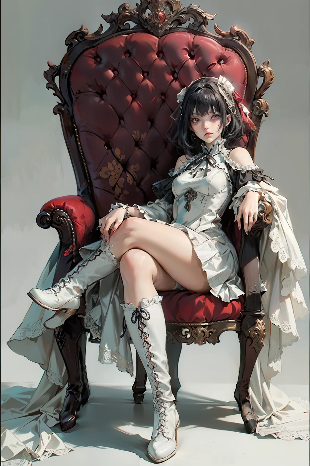 ((best quality)), ((masterpiece)), (detailed), blank white background, plain background, white background, red and white clothing, Bloodborne inspired, occult aesthetic, occult, detailed and intricate steampunk and detailed gothic, NSFW, Very dramatic and cinematic lighting, cosmic horror, grim-dark, side-lighting, perfect face, NSFW, Fluttering lace flared long knee length dress with frilly petticoats, knee length dress, pleated petticoats, ta dress, petticoats gothic lolicomplex lace boots, wielding a sword and holding a shield, side-lighting, gothic lolita aetic, sitting on a grand throne, NSFW, beautiful small breasts, small breasts, full body, whole body, body, plain background, white background, blank background, no background, white background NSFW, full body, whole body, head-to-toe NSFW
