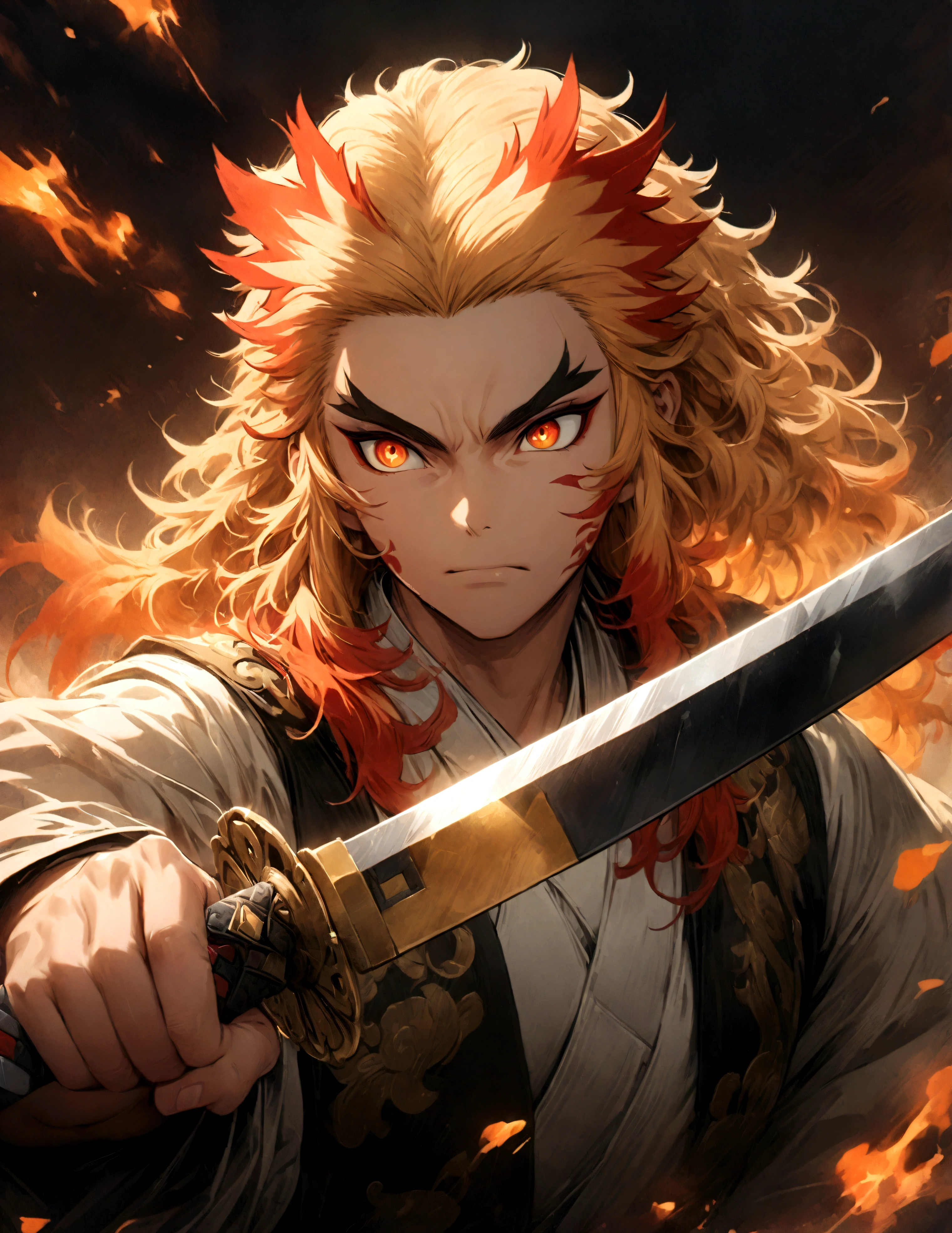 (1 male,Rengoku Kyojuro,Yellow and orange hair),solo,comics『Demon slayer』Characters in,,Battle Style,Inflammation effects,Staring straight ahead,Coming towards the front,Moderate dirt,Japan have a sword,Digital Art,An illustration,Intricate details,Intricate details,Wide range of colors,artwork,rendering,,(highest quality:1.4),(Very detailed:1.5),High resolution,Very detailed,unity 8k wallpaper,Draw artistic background,,inflammation,BREAK,Japanese swords are straight and have a metallic luster.,Please hold the Japanese sword by the handle