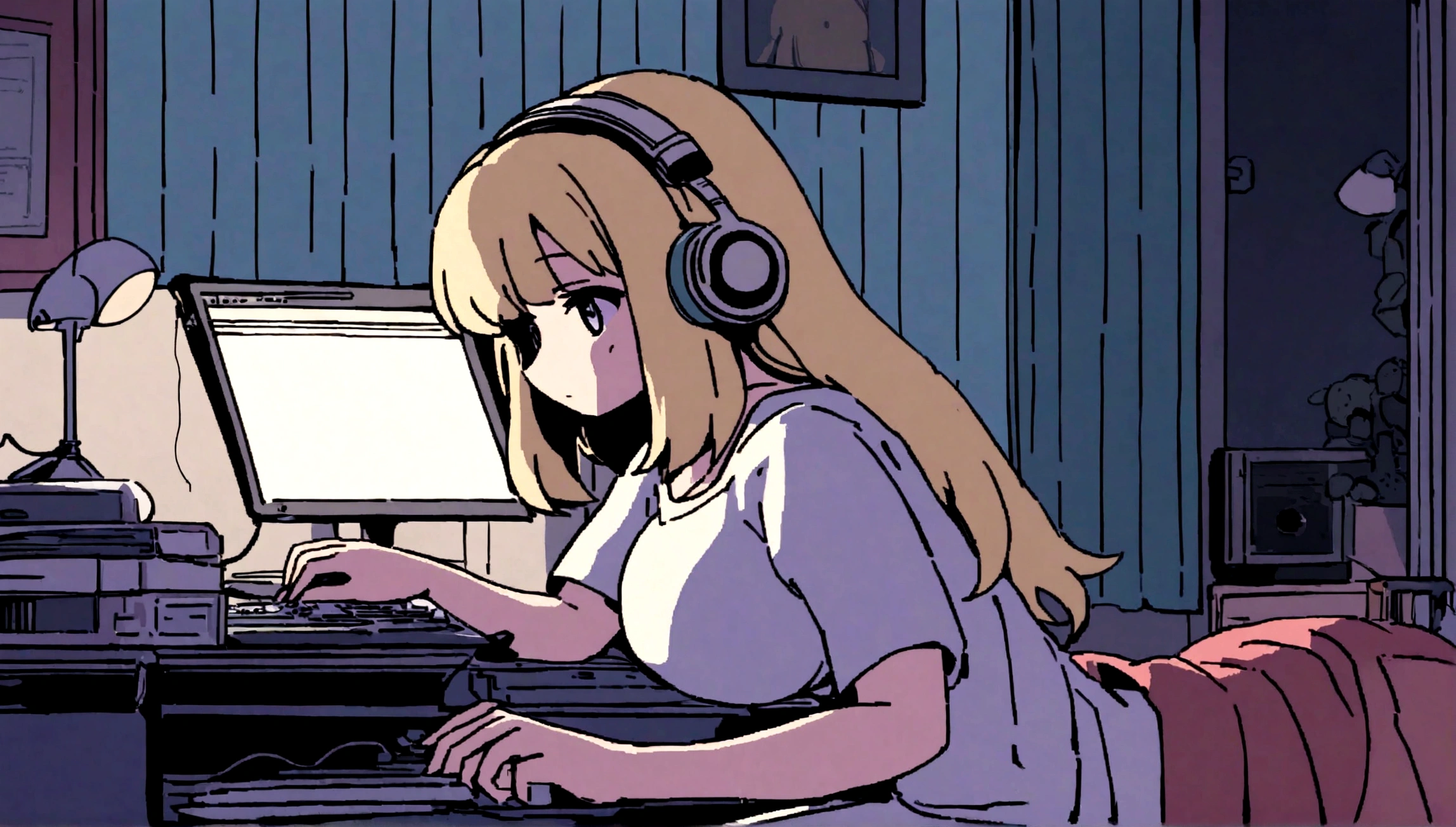 Girl listening to music in cozy room at night, Use headphones, 2D style anime, lo fi, hard disk, dark environment,A cute girl is in her room, not turning on the lights, with her large breasts resting on the desk while she fiddles with her computer.