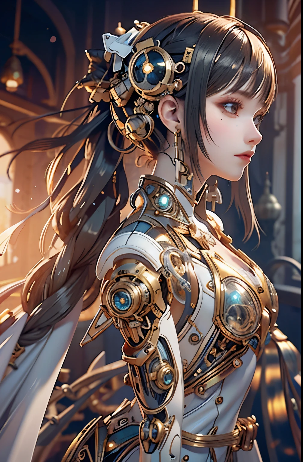 top-quality、masterpiece、超A high resolution、(Photorealsitic:1.4)、Raw photo、1人、Black hair、glowy skin、1 Mechanical Girl、((super realistic details))、portlate、Global Illumination、Shadow、octan render、8K、ultrasharp、Colossal tits、Raw skin is exposed in cleavage、metals、Details of complex ornaments、Steampunk details、Analog Meter、gear wheel、gear、Golden hydraulic cylinder、highly intricate detail、Realistic light、CGSoation Trends、a purple eye、radiant eyes、Facing the camera、neon details、Mechanical limbs、blood vessels connected to tubes、Mechanical vertebrae attached to the back、mechanical cervical attaching to neck、sitting on、Wires and cables connecting to the head、vacuum tubes、gear wheel、meter、Gundam、Small LED lamp、The background is a steampunk city、