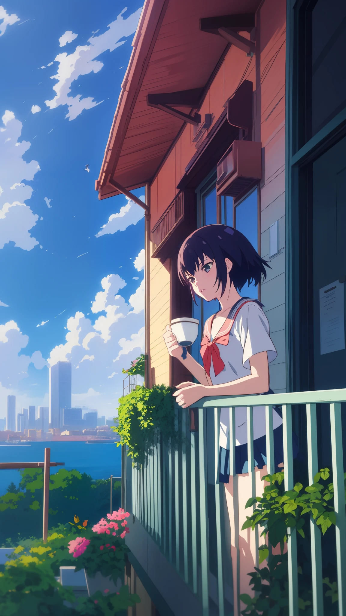 ultra-detailed,masterpiece,a girl standing on a balcony with a cup of coffee, cgsociety 9, chillhop, alena aenami and artgerm, makoto shinkai and artgerm, lofi girl aesthetic, anime scenery, makoto shinkai and (cain kuga), lofi aesthetic, anime landscape, anime nature, roof background, anime wallaper