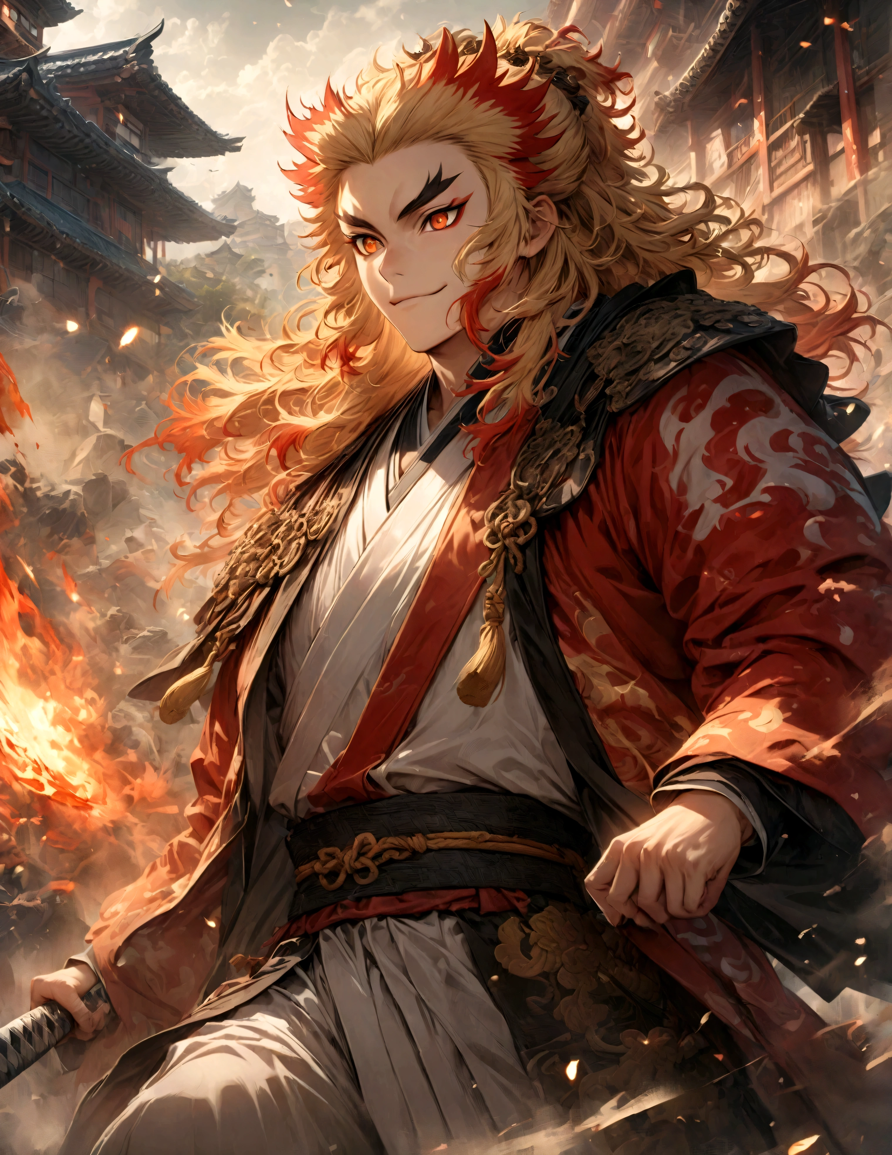(1 male,Rengoku Kyojuro),solo,comics『Demon slayer』Characters in,,Battle Style,Cynical Smile,Inflammation effects,Staring straight ahead,Coming towards the front,Moderate dirt,Japan have a sword,Digital Art,An illustration,Intricate details,Intricate details,Wide range of colors,artwork,rendering,,(highest quality:1.4),(Very detailed:1.5),High resolution,Very detailed,unity 8k wallpaper,Draw artistic background,yin and yang,Five Elements,inflammation,BREAK,Japanese swords are straight and have a metallic luster.,