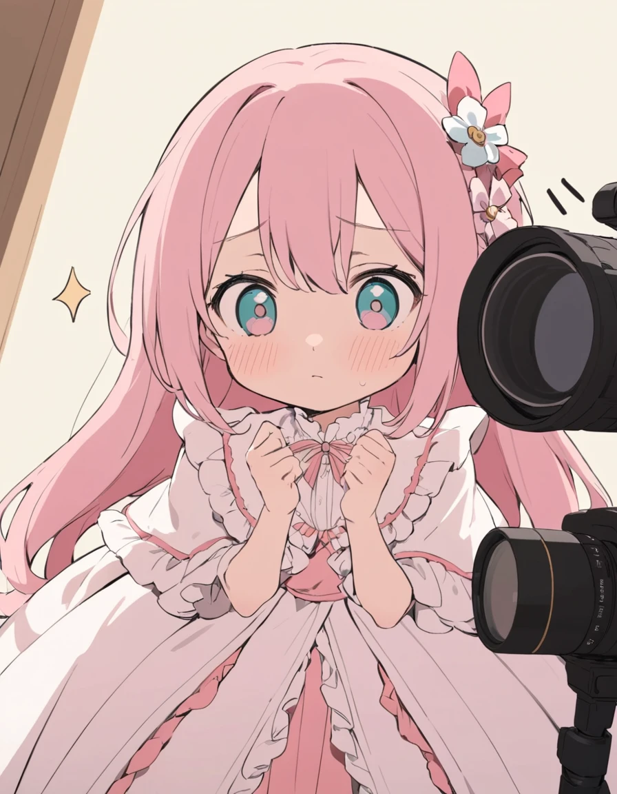 anime screencap, flat color, pastel color, (close up face), pink frilly dress, a lot of frills, frilly long sleeves, pale lace cloak, The phrase “An idol girl is shy and fidgety at an unfamiliar photo shoot” brings to mind a scene where freshness and tension intertwine. In a studio lit by spotlights, a young idol girl stands in front of the camera. She is a little nervous at her first photo shoot. Her cheeks are blushing with embarrassment, and her eyes are sparkling. She poses according to the photographer’s instructions, but she is a little fidgety. However, her shyness also enhances her charm.