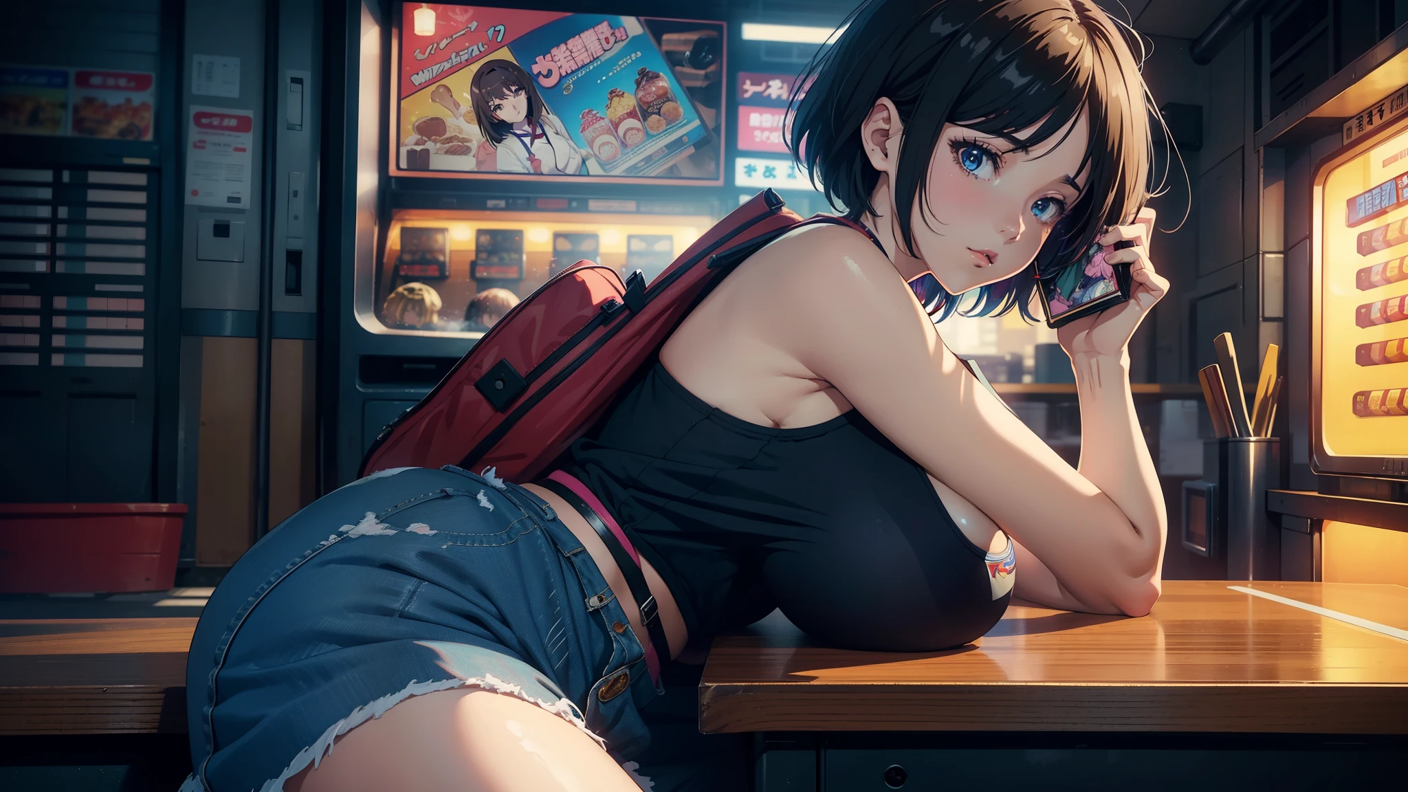 (Masterpiece), High Quality, 1girl, Anime Style, Cute Anime Girl, City Night Retrowave Scene, Student, Scantily Clad Girl, Exhibitionist, Colorful, Arcade, A Girl in a City, Anime Characters, Japanese  Girl, Voluptuous, Sexy, Beautiful, Huge Breasts, From the Waist Up, Varied Scenery, Vending Machine, Ramen Restaurant, Close-Up Camera, Different Angles, Leaning Against the Wall, Cell Phone Holding, Backpack, Short Hair, Heavy Makeup, Closed Scenery, Detailed Clothes, High Definition, Detailed Background, Konosuba,