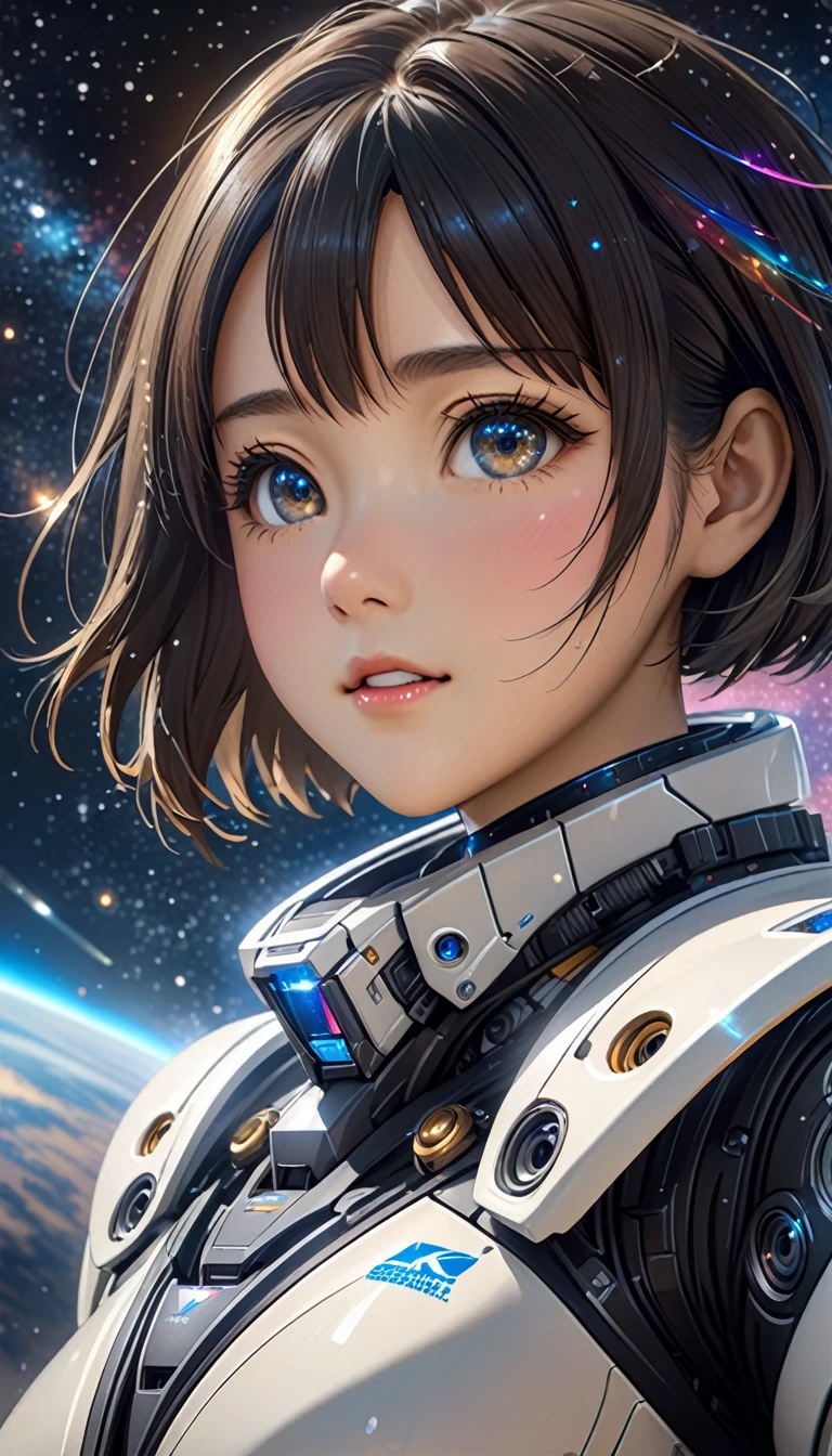National Science Foundation,masterpiece,High resolution,8K,Art,digit,Three-dimensional,Realism,Kyoto Animation Style,your name movie style,cute,Facing the camera,universe,Milky Way,Planet,(1 female: 1.3),(alone: 1.4),Very futuristic,Wearing mechs,,Long eyelashes,Long thin legs,Short Bob,Close-up of upper body,Close-up,Starry Sky,Starry Sky般深邃的眼睛,Blushed,shy,shy,open mouth