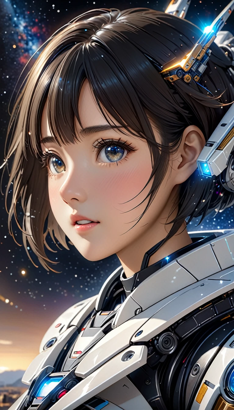National Science Foundation,masterpiece,High resolution,8K,Art,digit,Three-dimensional,Realism,Kyoto Animation Style,your name movie style,cute,Facing the camera,universe,Milky Way,Planet,(1 female: 1.3),(alone: 1.4),Very futuristic,Wearing mechs,,Long eyelashes,Long thin legs,Short Bob,Close-up of upper body,Close-up,Starry Sky,Starry Sky般深邃的眼睛,Blushed,shy,shy,open mouth