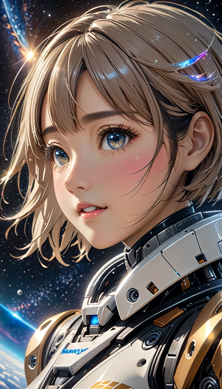 National Science Foundation,masterpiece,High resolution,8K,Art,digit,Three-dimensional,Realism,Kyoto Animation Style,your name movie style,cute,Facing the camera,universe,Milky Way,Planet,(1 female: 1.3),(alone: 1.4),Very futuristic,Wearing mechs,,Long eyelashes,Long thin legs,Short Bob,Close-up of upper body,Close-up,Starry Sky,Starry Sky般深邃的眼睛,Blushed,shy,shy,open mouth