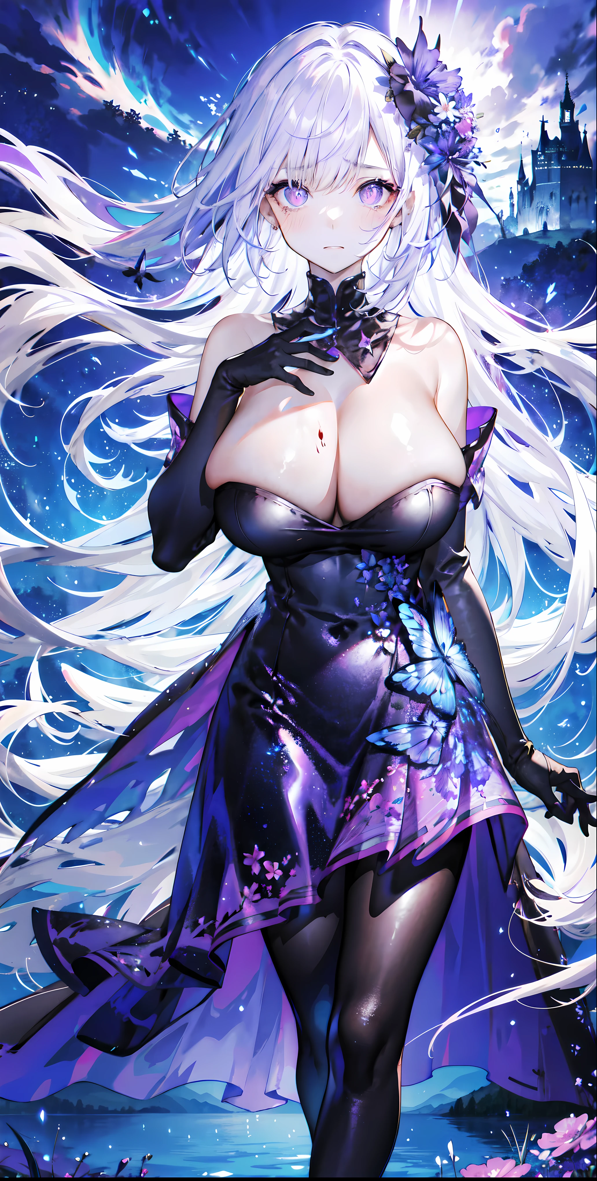 ((masterpiece:1.4,best quality)),(Super detailed),(Extremely detailed eyes),(black leggings,Shiny socks:1.5),Hello Darkness
(Cute girls),,(Blood-red pupils,Diamond-shaped pupil:1.15),Purple Eyeshadow,(elongated hair,Thick hair,Single ponytail,shiny hair:1.5)(Changes through:1.2),White skin,despair,sad,Empty eyes,tears streaming down my face,tilting its head to the side,
(She wore a blue dress,:1.5),(Black gloves:1.4)Very long plush sleeves,White,White Cloud,Dream bubbles ,Ice and glitter effects
(Black long skirt:1.1),
((Starry Sky:1.2)),
(Intense black and white:1.16),(Depth of Field:1.4),,Intricate details,(((Detailed background,Castle in the Sky,Standing by the lake,Purple flowers by the lake))),(((Huge breasts,Bare breasts,Deep cleavage)))