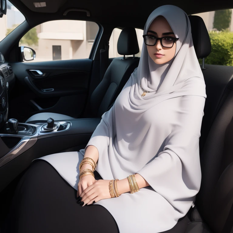 A beautiful high school glasses Arabian  girl model, white skin, sharp nose, thin lips, circle face, wearing hijab, off shoulder, bangles bracelets, necklaces, swiss polo watch, tight white bra and cloak, black bag, curvy woman, black shoes with heels, sleeping with her mouth wide open, yawning, sleeping sitting on the car, brown hair, curvy woman, head resting on the seat, short hair shoulder length, eyelids outlined in black, nails painted black, detailed face