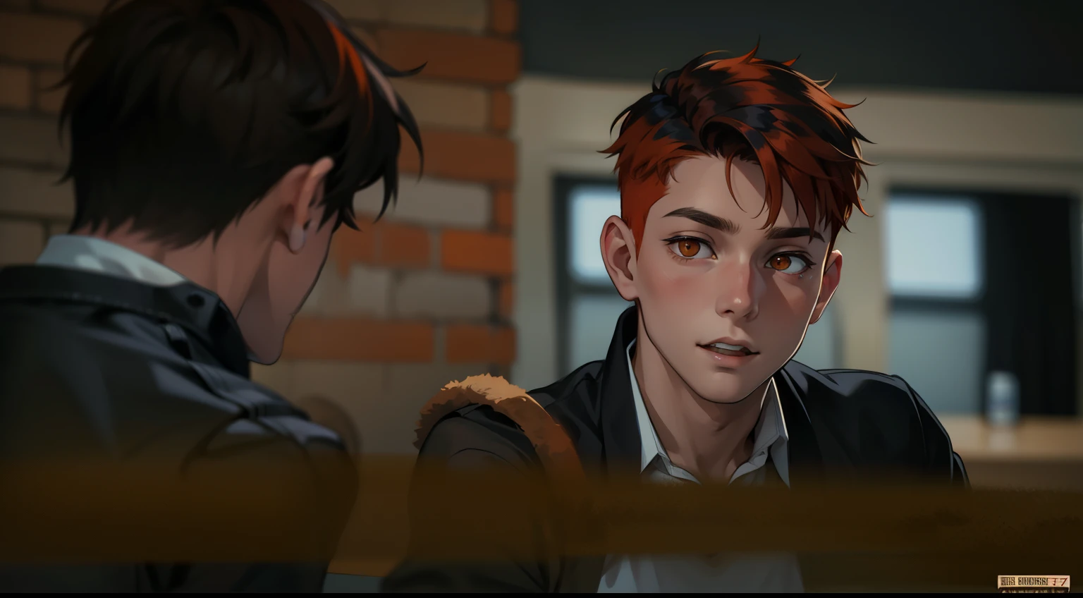 orange eyes orange hair cute 17 year old man speaks seriously 