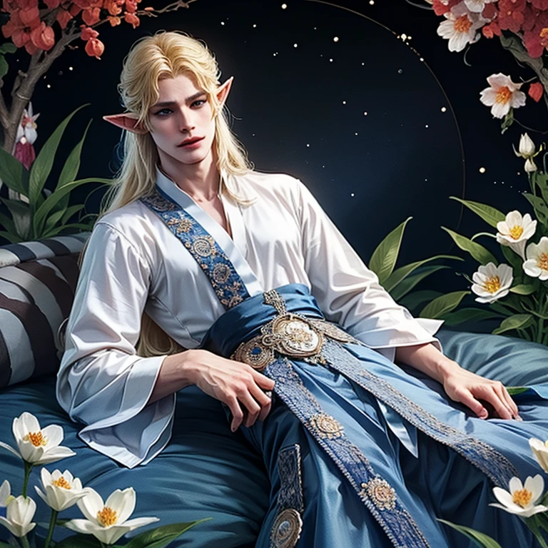 Male elf, with long blonde hair, closed blue eyes, small waist, resting in bed , flowers and plants around him.
Detailed donghua, chinese elaborate clothes style, with jewerly
Intricate detail quality
Detailed Masterpiece
Absurd Res
HDR