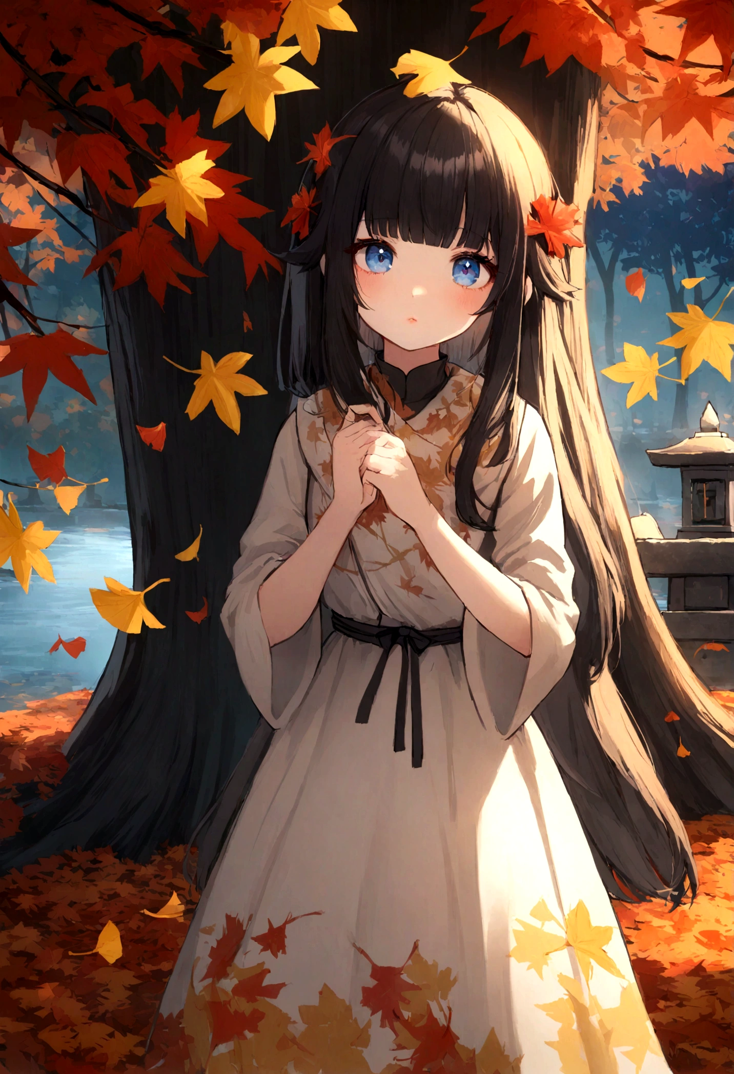 1girl, against_tree, aki_shizuha, anger_vein, autumn, autumn_leaves, bangs, bare_tree, blue_eyes, blunt_bangs, branch, night, dress, falling_leaves, forest, ginkgo_leaf, holding_leaf, lake, leaf, leaf_background, leaf_hair_ornament, leaf_on_head, leaf_print, lips, long_hair, looking_at_viewer, maple_leaf, nature, outdoors, solo, standing, stone_lantern, tree, under_tree, black hair, sensei
