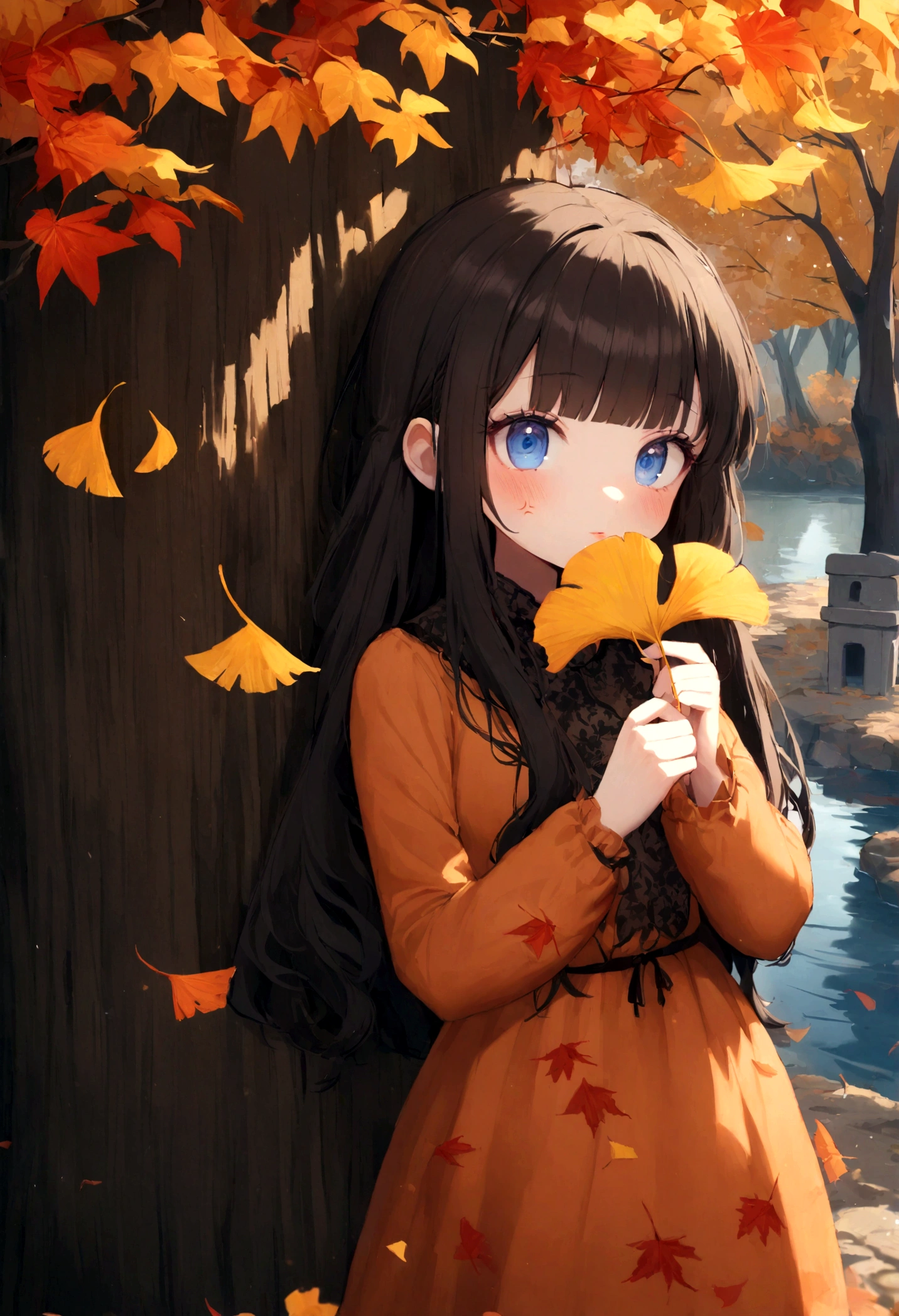 1girl, against_tree, aki_shizuha, anger_vein, autumn, autumn_leaves, bangs, bare_tree, blue_eyes, blunt_bangs, branch, night, dress, falling_leaves, forest, ginkgo_leaf, holding_leaf, lake, leaf, leaf_background, leaf_hair_ornament, leaf_on_head, leaf_print, lips, long_hair, looking_at_viewer, maple_leaf, nature, outdoors, solo, standing, stone_lantern, tree, under_tree, black hair, sensei 