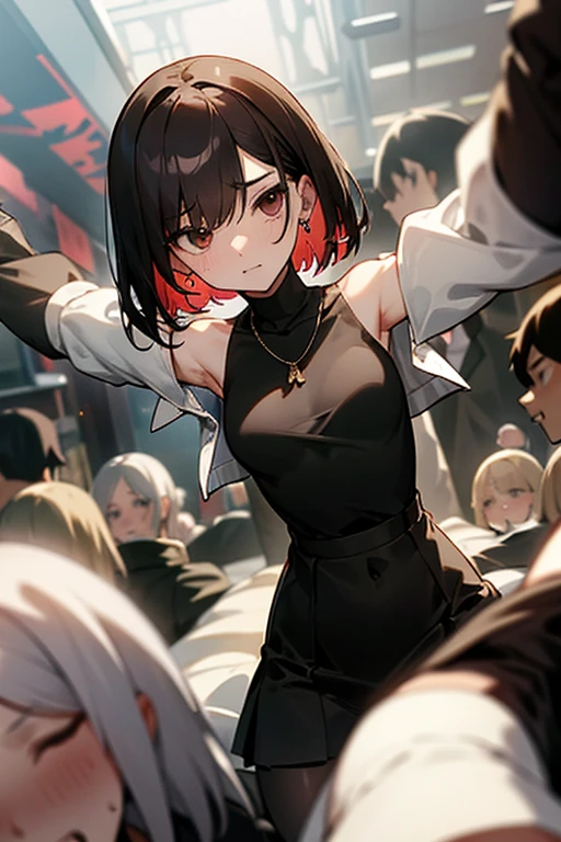 Brown short bob、Sleeveless white sweater、wearing a black jacket、Flared sleeves、Tight Skirt、Black Stockings、necklace、Extremely crowded train、There are a lot of people crowded together、Disheveled clothes、Your cheeks are red、slender、Curved waist、slender、Beautiful clavicle、There are a lot of people and they are close to each other、Flickering、Sexy、Belly button、Earrings、Color mesh on hair、Sweaty、hot、Grabbing your arms or shoulders、Spread your legs、Head grabbed